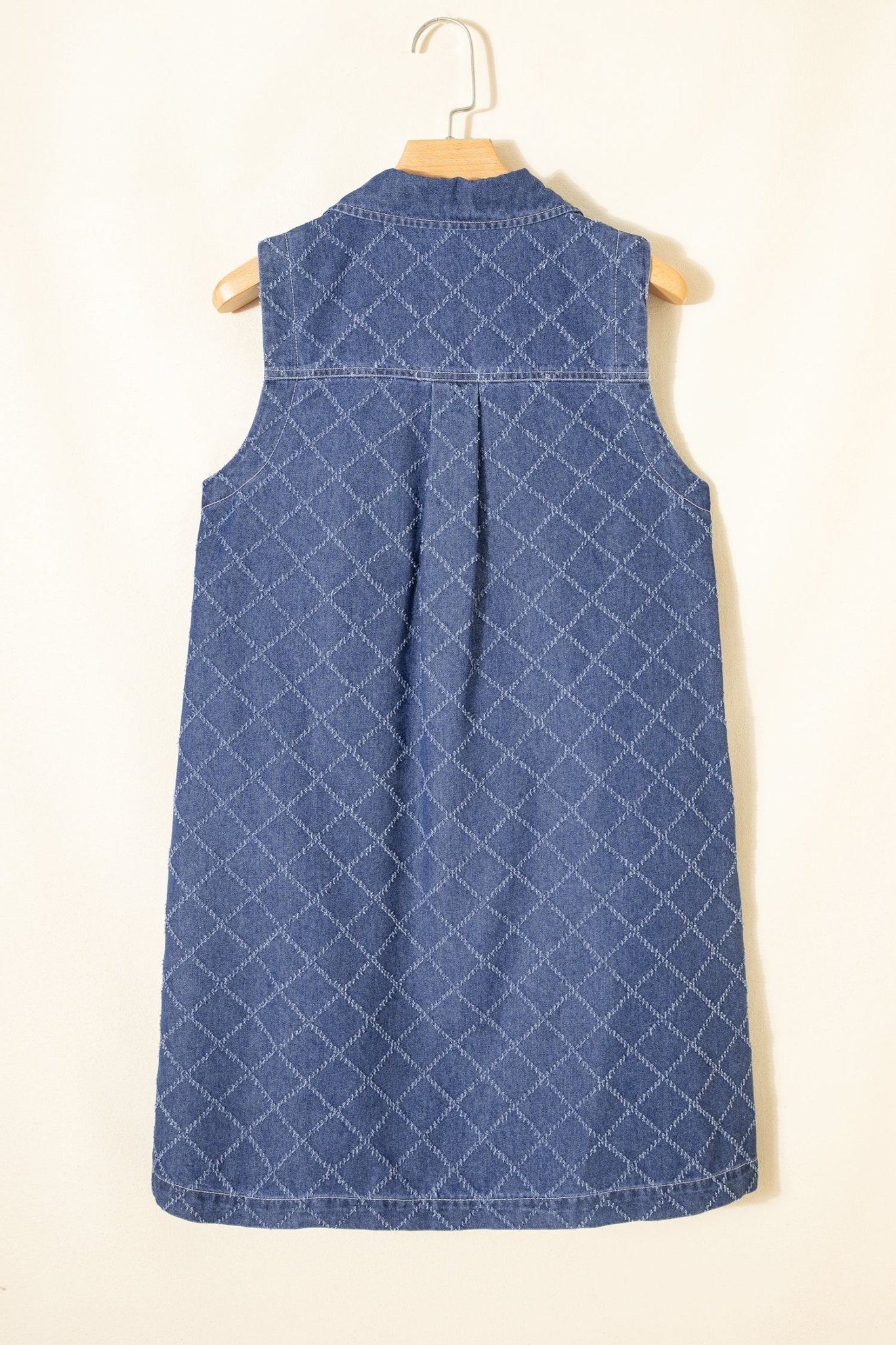 Sail Blue Rhombus Textured Collar Buttoned V Neck Denim Sleeveless Mini Dress - Loving It Shop