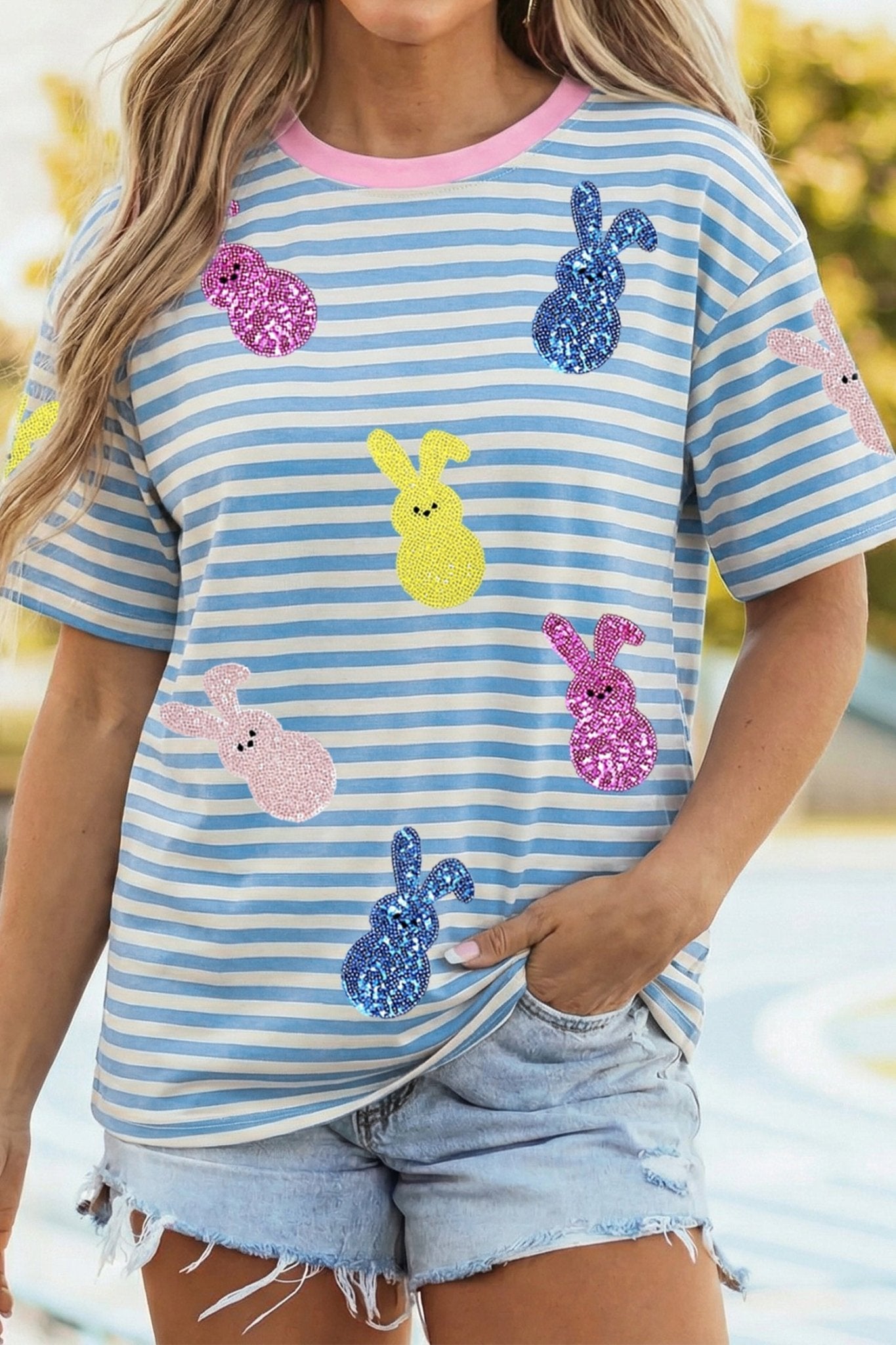 Sky Blue Stripe Sequin Easter Bunny Patched Drop Shoulder Tee - Loving It Shop