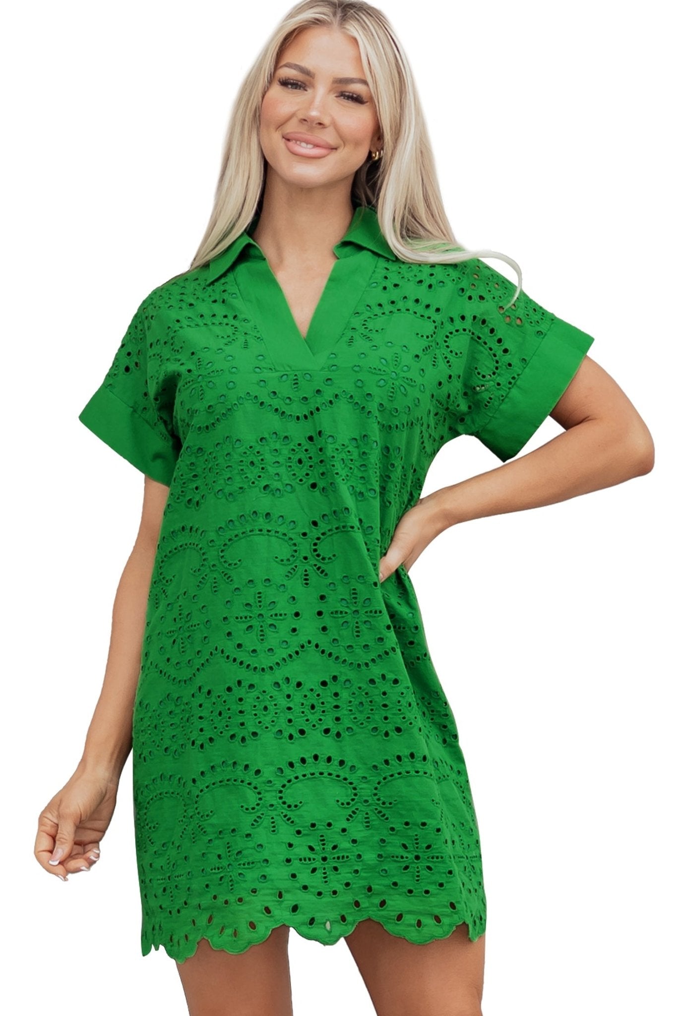 Green Solid Color Eyelet Embroidered T Shirt Mini Dress - Loving It Shop