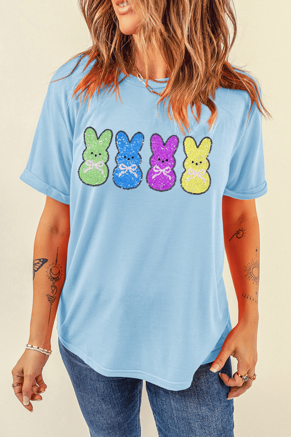 Light Blue Sequin Bunny Doll Graphic Casual T Shirt - Loving It Shop