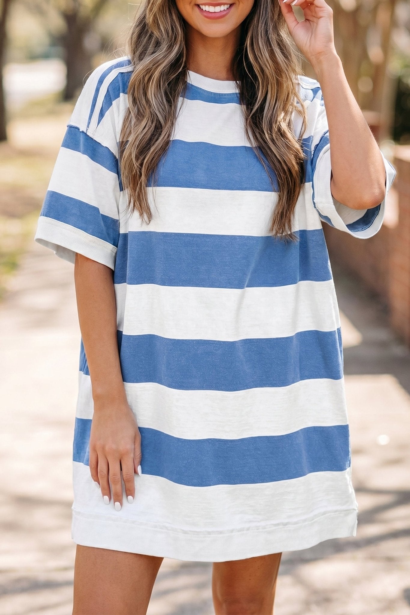 Blue Stripe Raw Seam Shoulder Detail Casual Tee Dress - Loving It Shop