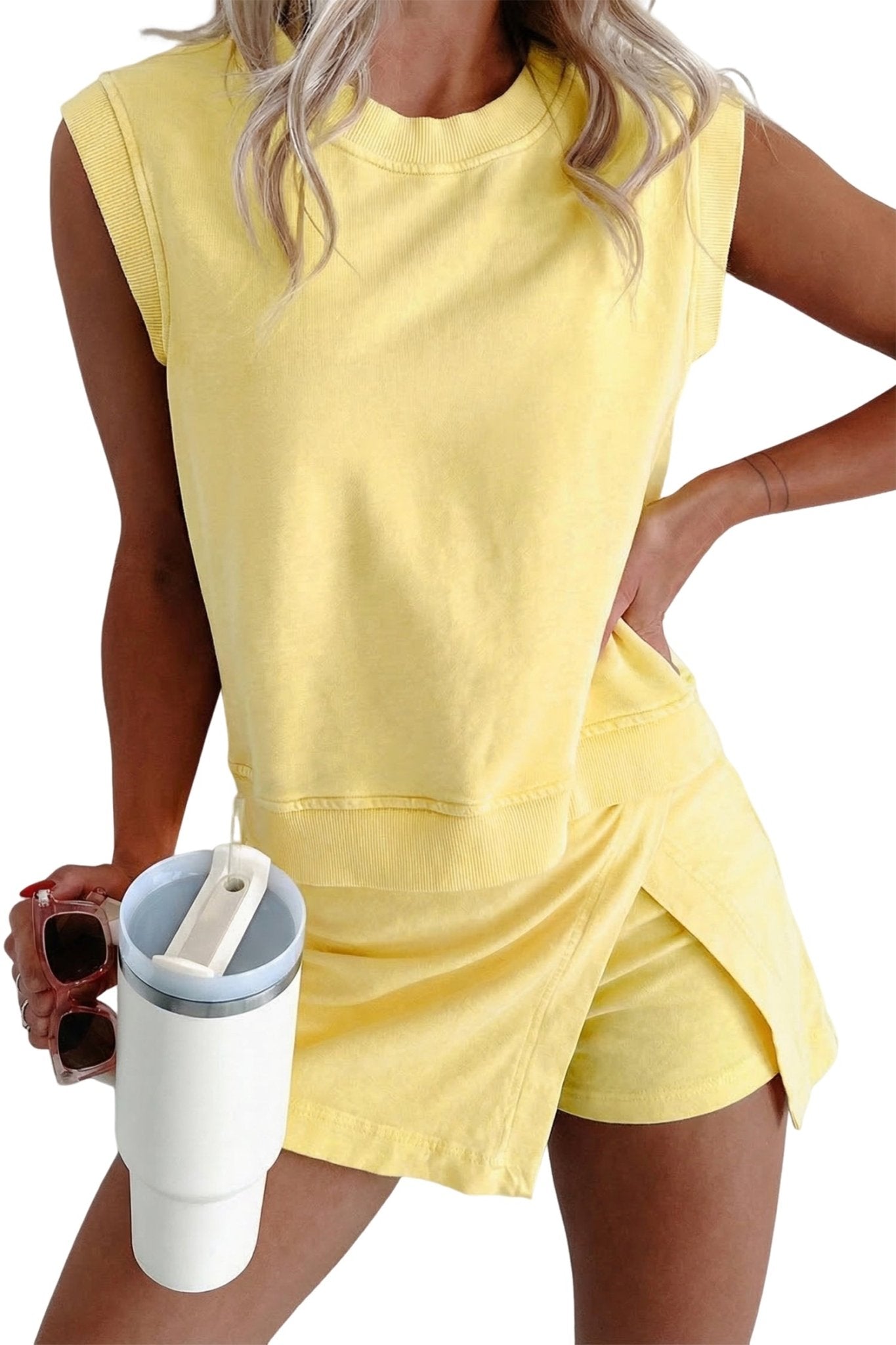 Yellow Cream 2 Pieces Mineral Wash Cotton Tank Top Lined Split Skort Set - Loving It Shop