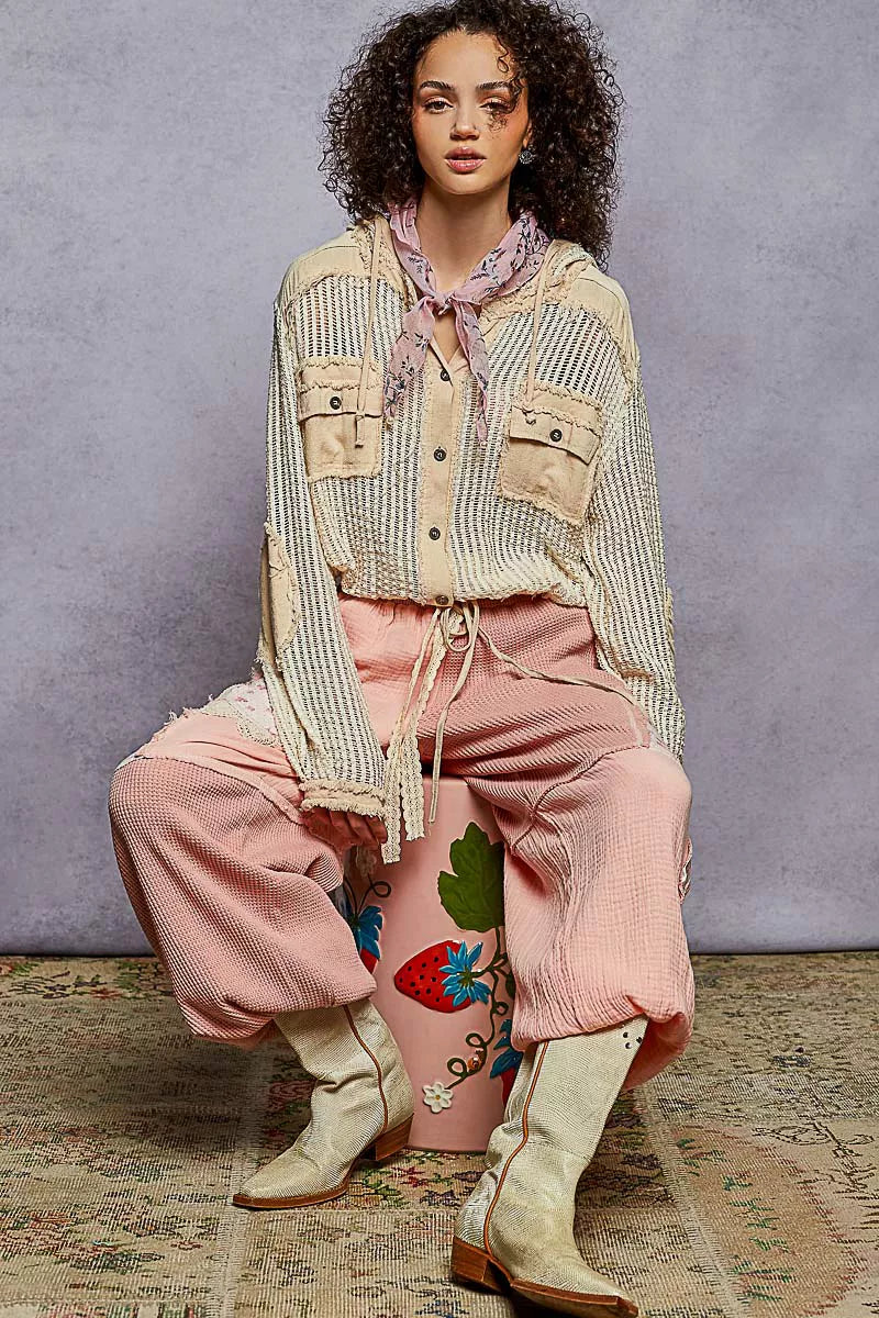 Texture Woven Button Down Hooded Shirt with Drawstring Hem