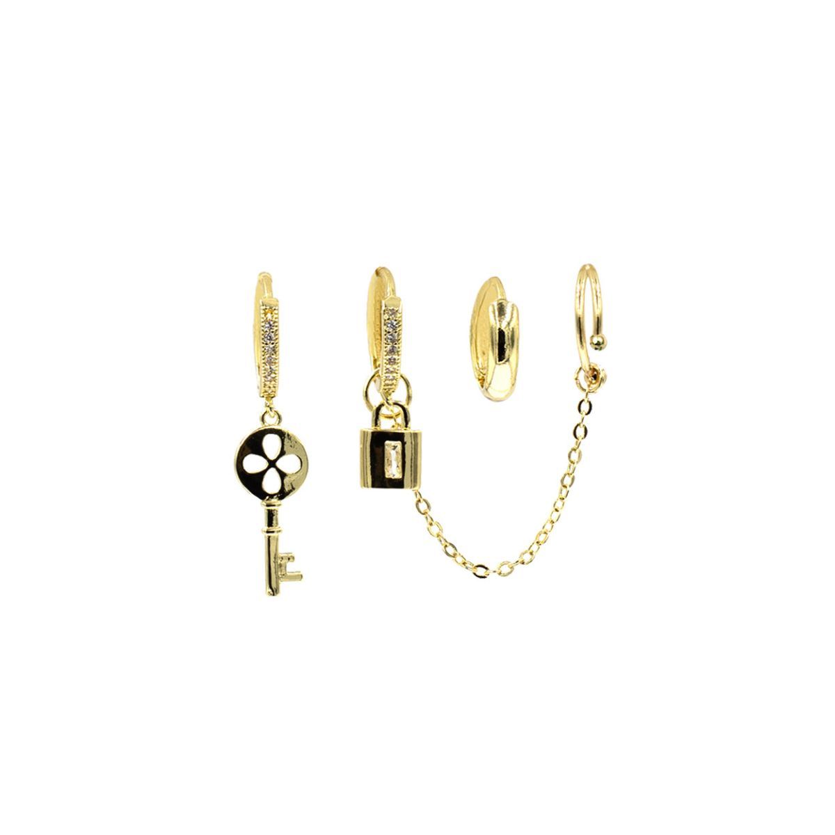 Huggie Hoop Earrings Set with CZ Pave Key Ear Cuff – Trendy Stylish Jewelry