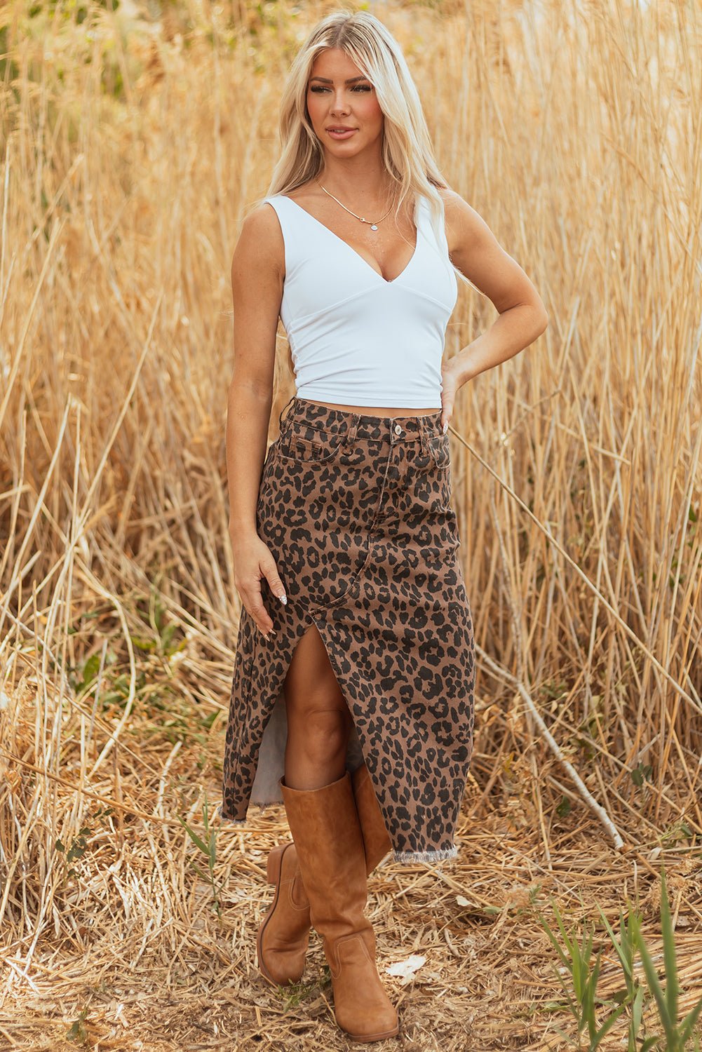 Brown Leopard Denim Frayed Split Denim Midi Skirt - Loving It Shop