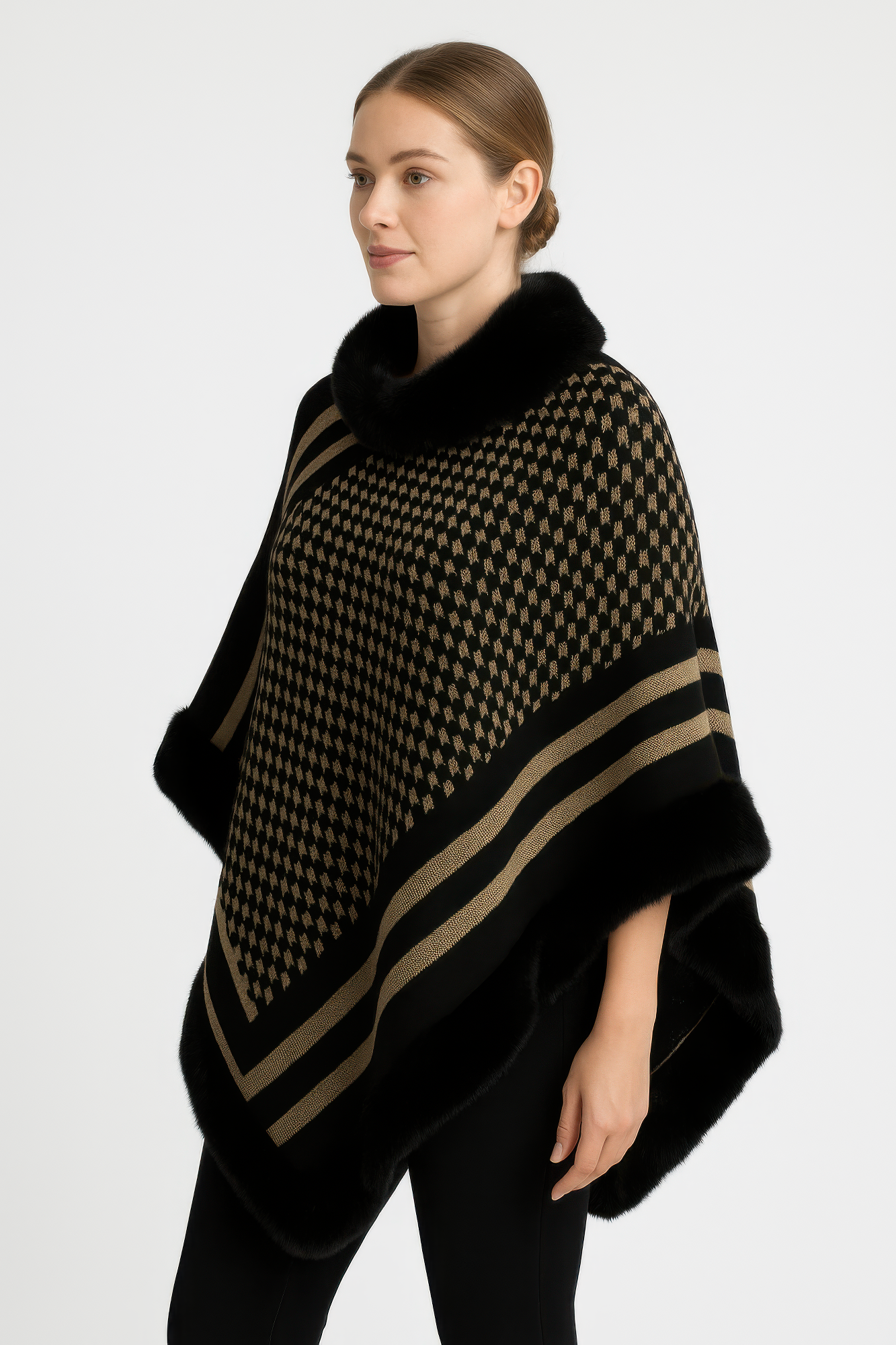 Patterned Knit Poncho With Faux Fur Trim