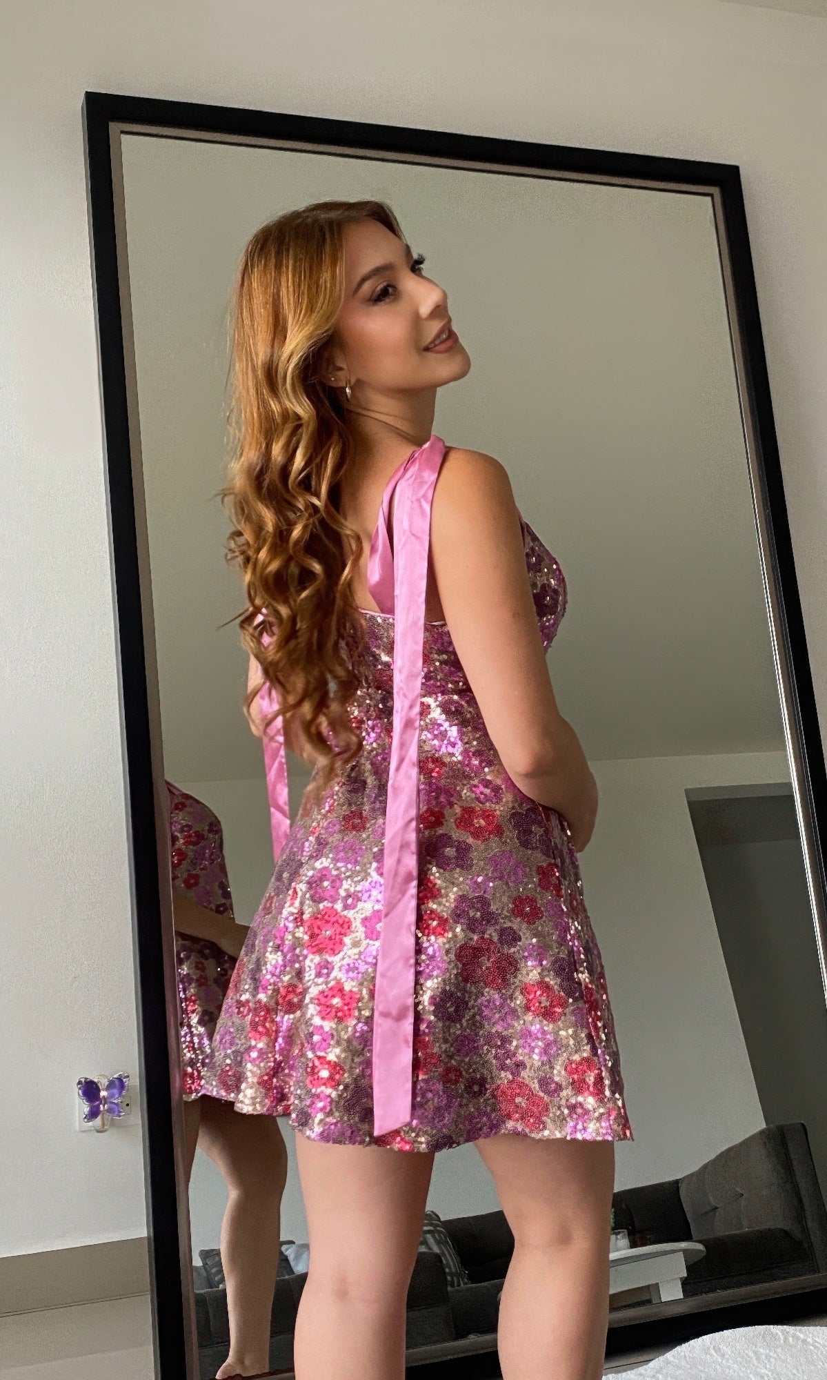 Women's Sequin Floral Mini Dress Ties On Shoulders
