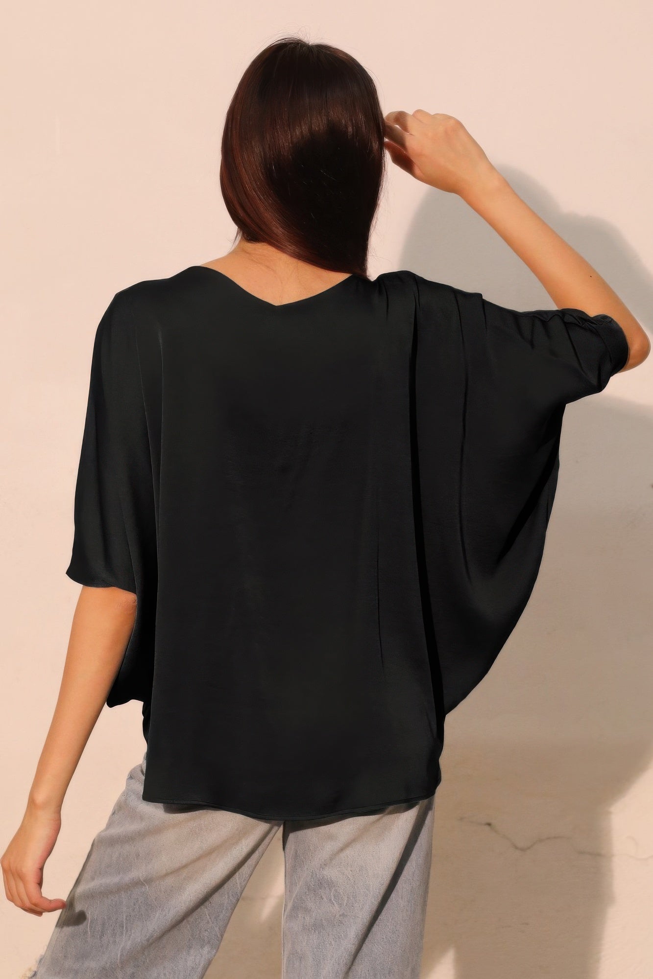 Washed Poly Silk Drawstring Dolman Top
