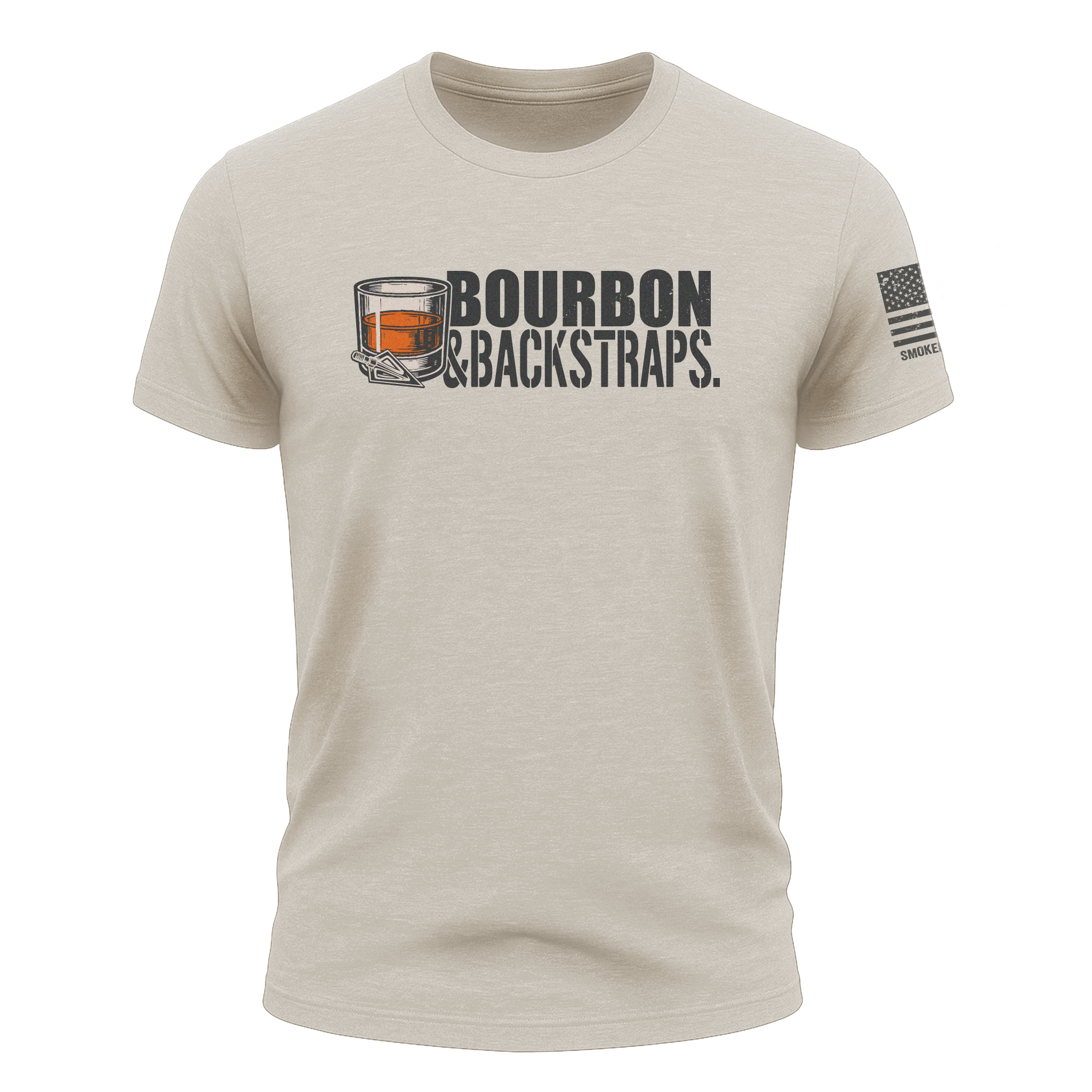 Bourbon & Backstraps Tee Sand featuring a whiskey glass graphic on a sand-colored premium hunting t-shirt.