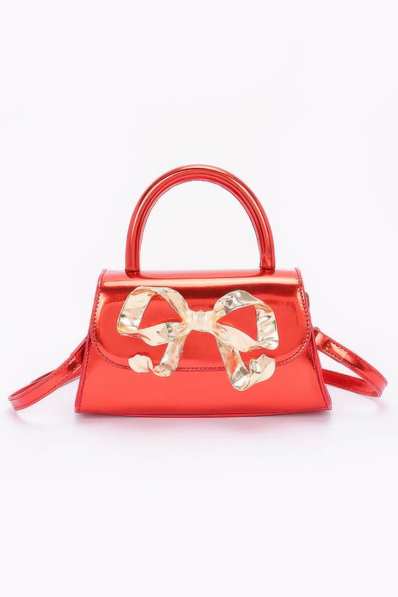 Faux Mirror Leather Ribbon Metal Top Handle Bag