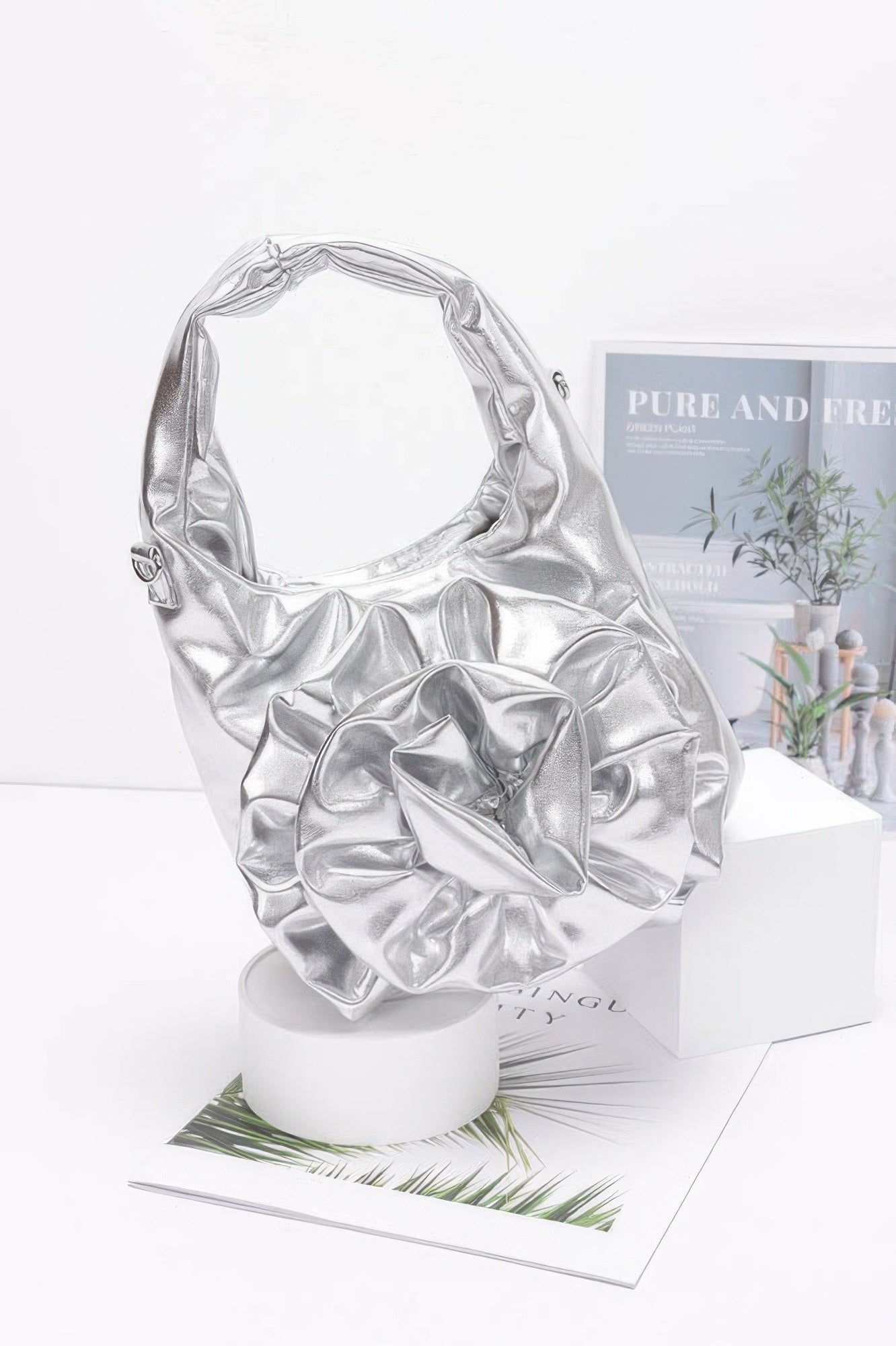 Metallic Big Flower Handle Bag