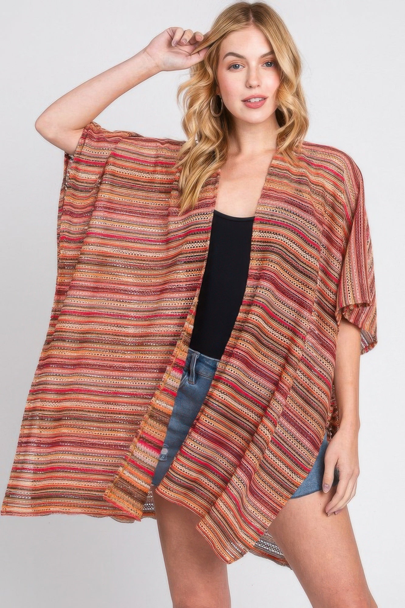 Multi Color Stripe Crochet Open Front Cover-up