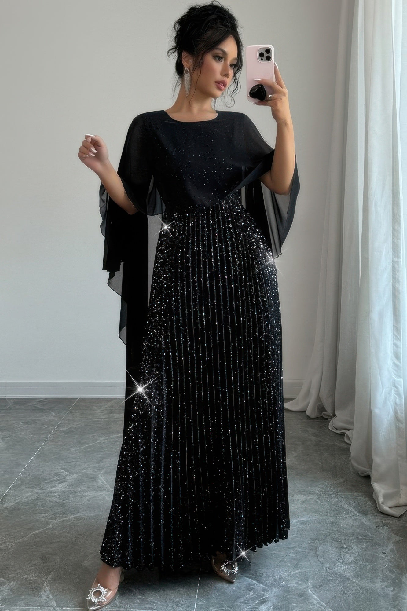 Elegant Sequin Satin Knit Pleated Long Dress