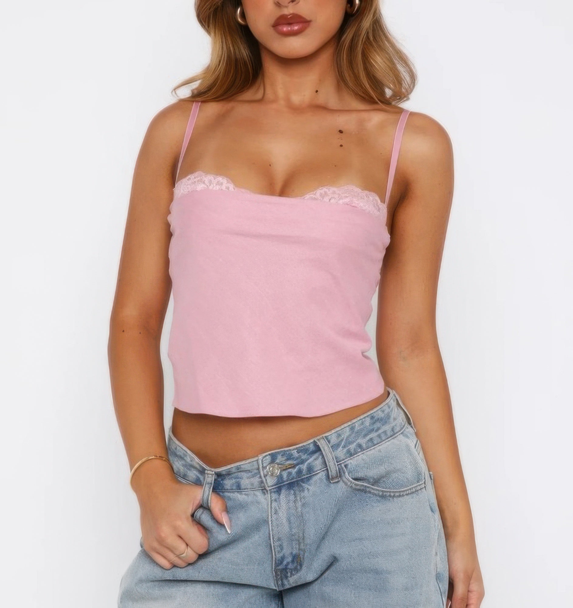 Solid Back Knot Lace Trim Sleeveless Shirt