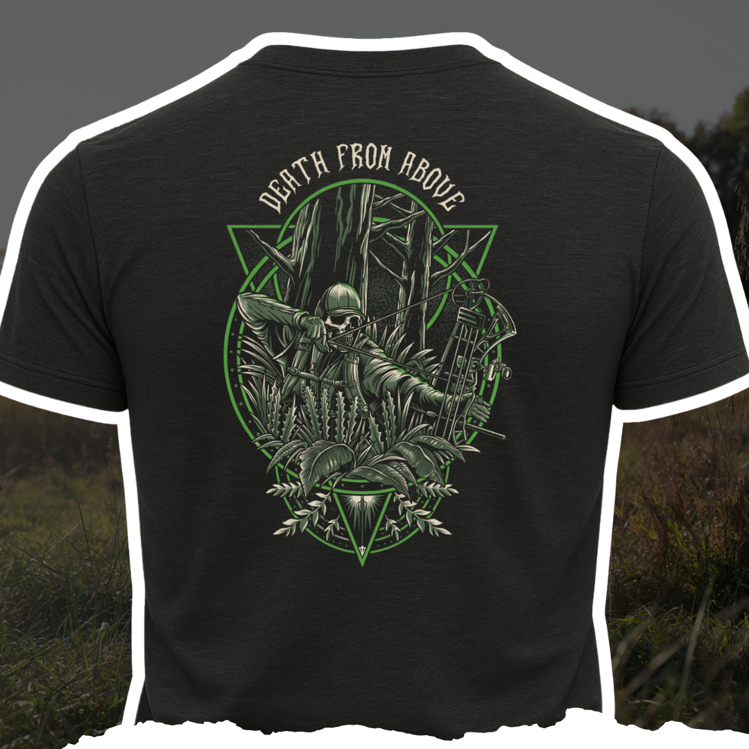 Death From Above Tee featuring a bold skull graphic on the back, designed for outdoor enthusiasts.