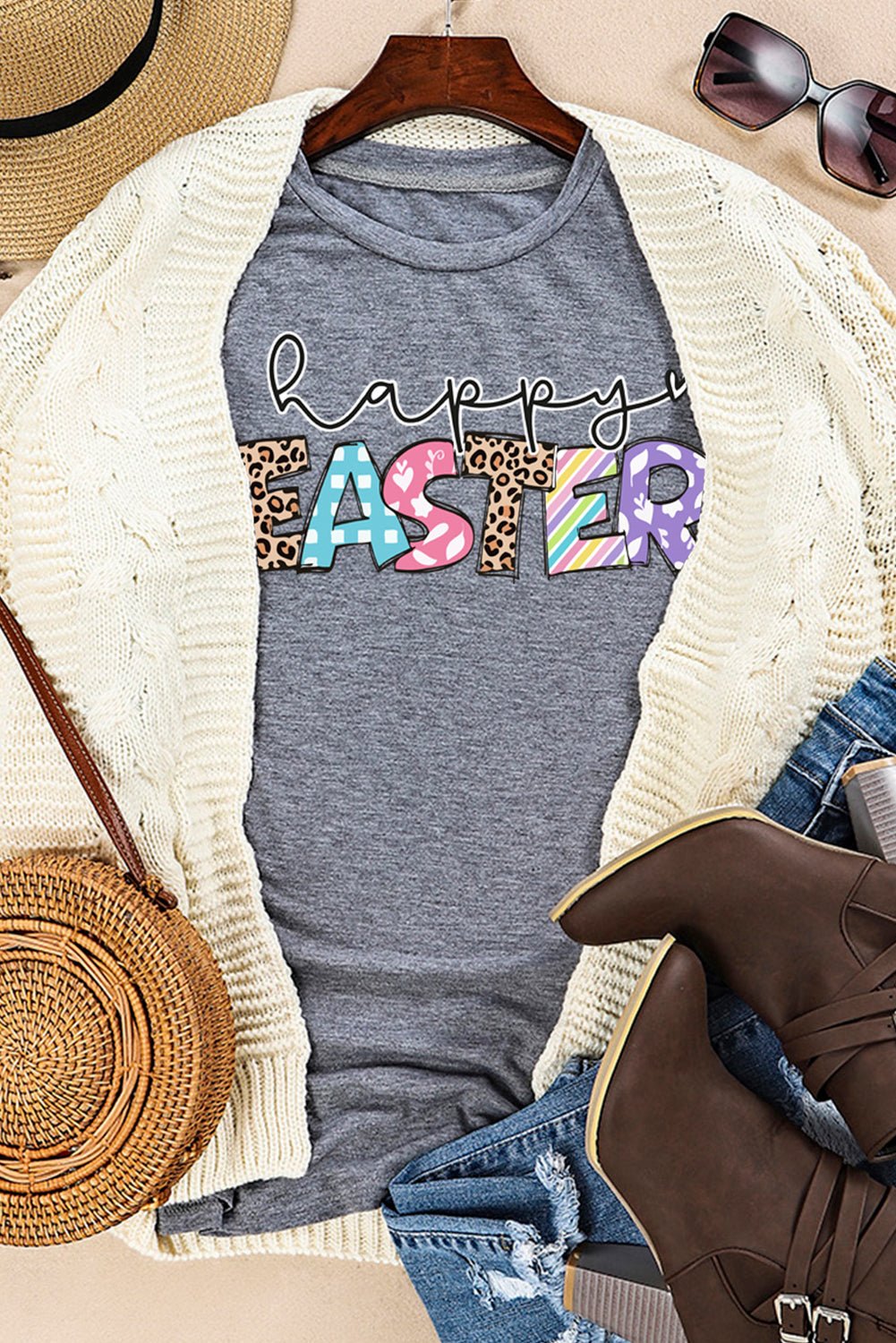 Gray Happy EASTER Lettering Graphic Crewneck Tee - Loving It Shop