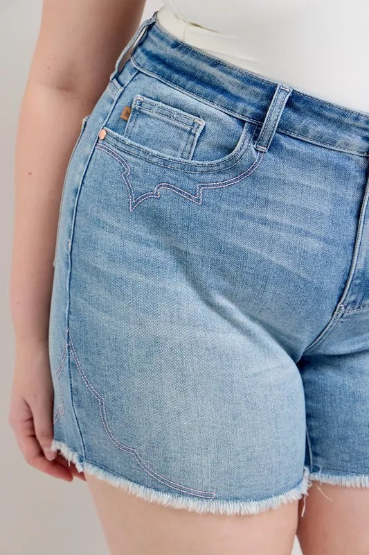 Full Size High Waist Western Embroidery Detail Cut Off Denim Shorts Plus Size