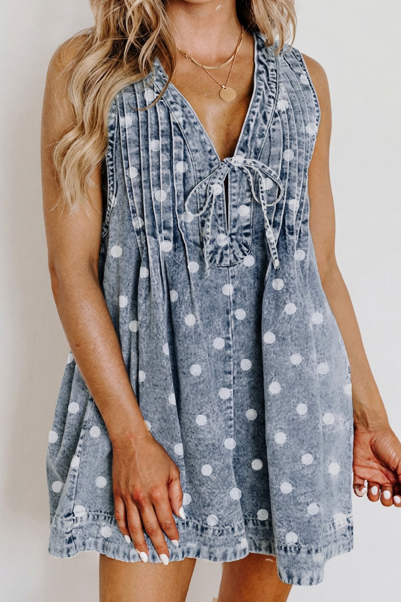 Sky Blue Polka Dot Print Tie V Neck Pleated Loose Denim Romper - Loving It Shop