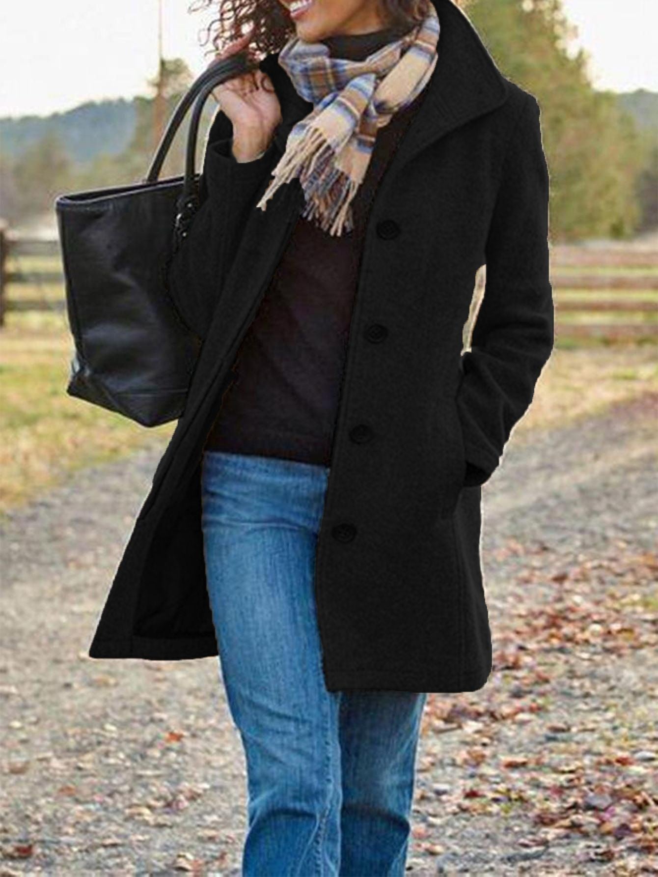 Winter Single-breasted Lapel Coat Fashion Commuter Slim Mid-length Jacket Women&