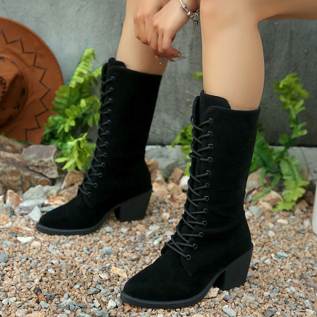 Mid-calf Fashion Suede Lace-up Pointed Chunky Heel Women&