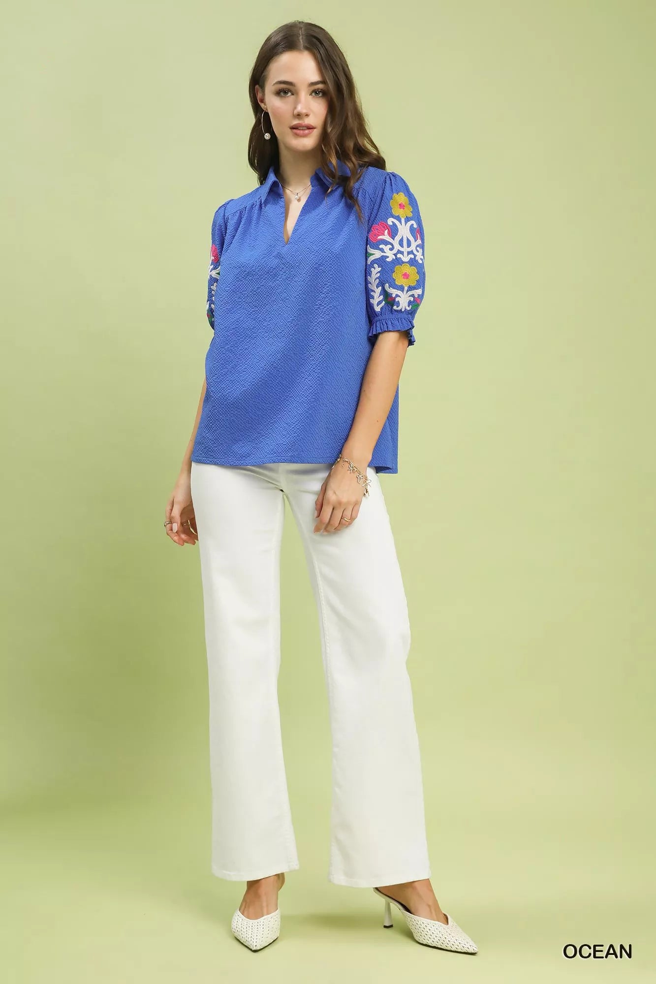 Seersucker Embroidered Sleeve Blouse