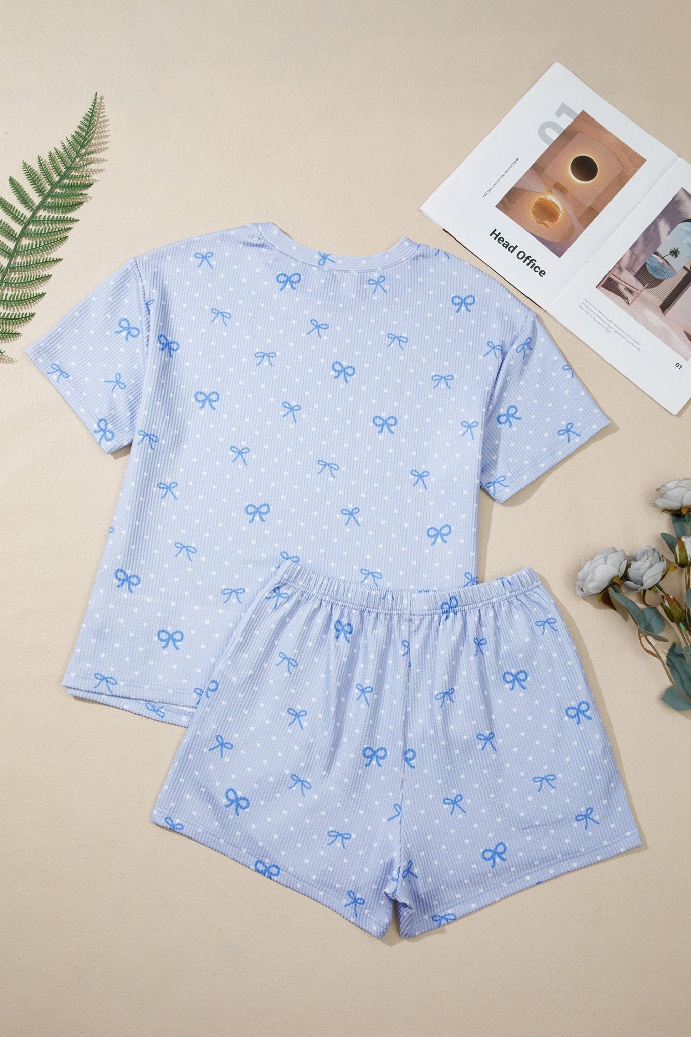 Sky Blue Tiny Heart Bow Print Twisted Rib Loose 2pcs Short Set - Loving It Shop