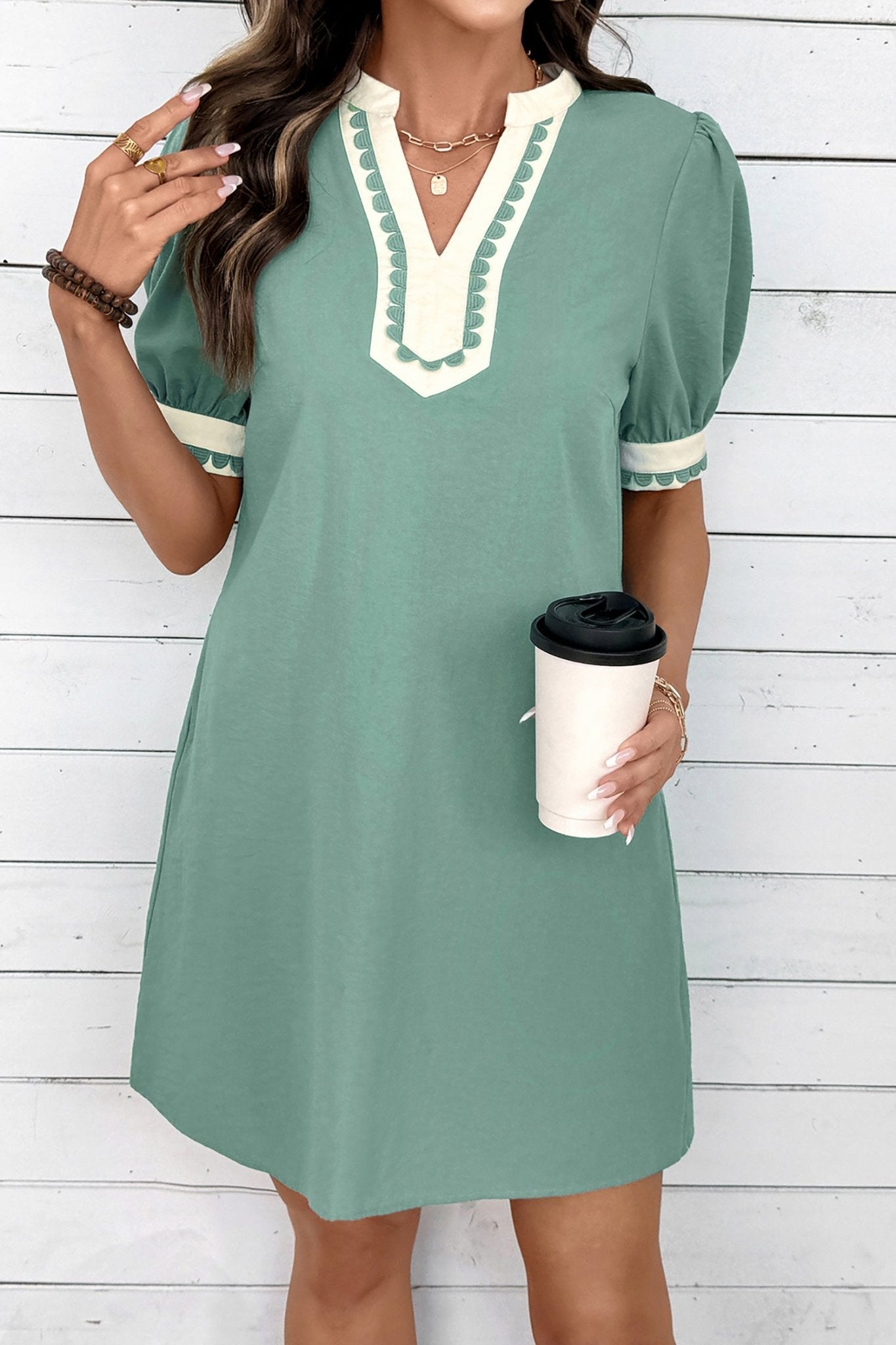 Canton Scallop Color Block Trim Puff Sleeve Mini Dress - Loving It Shop