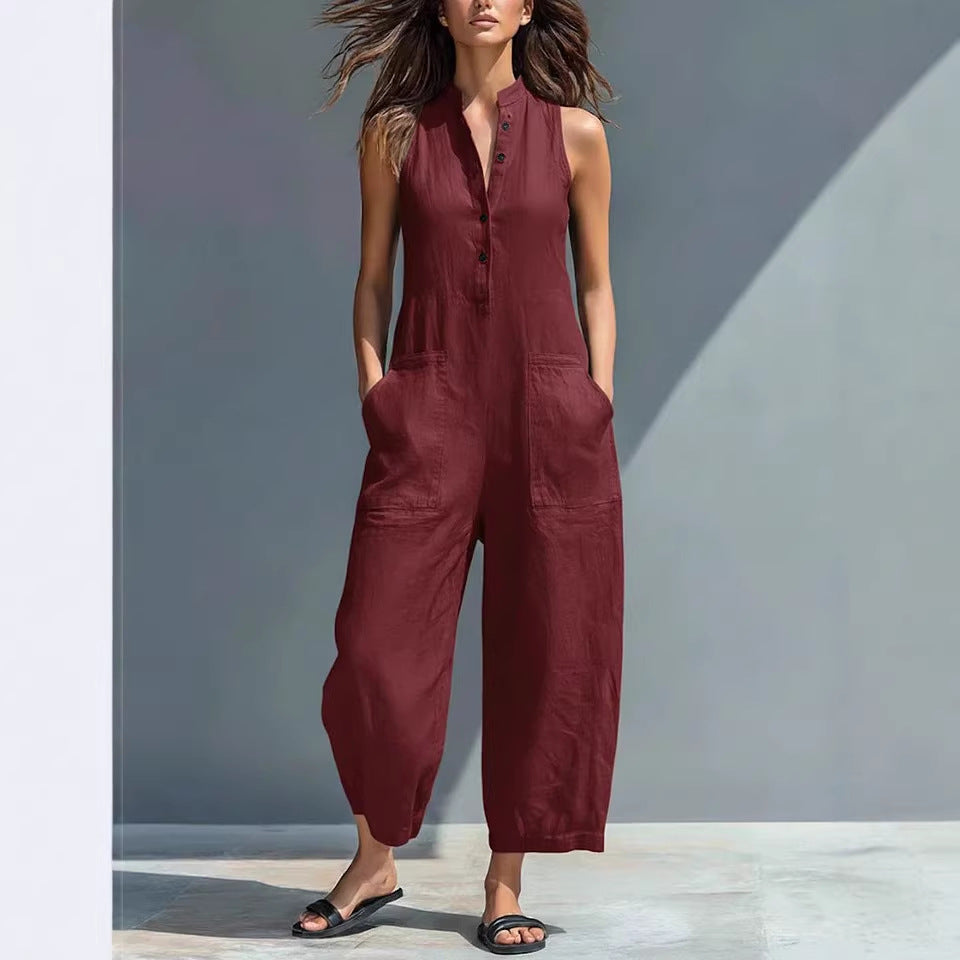 Summer Sleeveless Jumpsuit With Pockets Fashion Casual V-Neck Buttons Trousers Women&