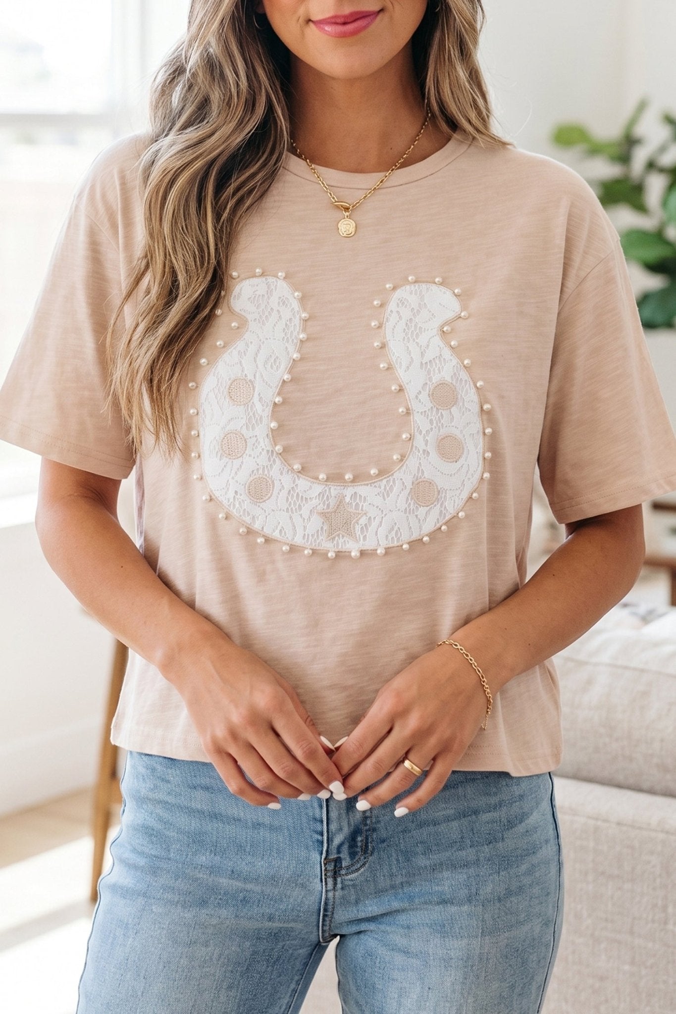 Smoke Gray Lace Pearled Decor Horse Shoe Graphic Western T Shirt - Loving It Shop