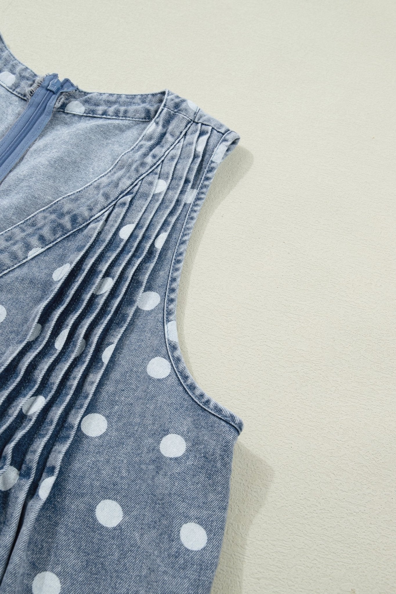 Sky Blue Polka Dot Print Tie V Neck Pleated Loose Denim Romper - Loving It Shop