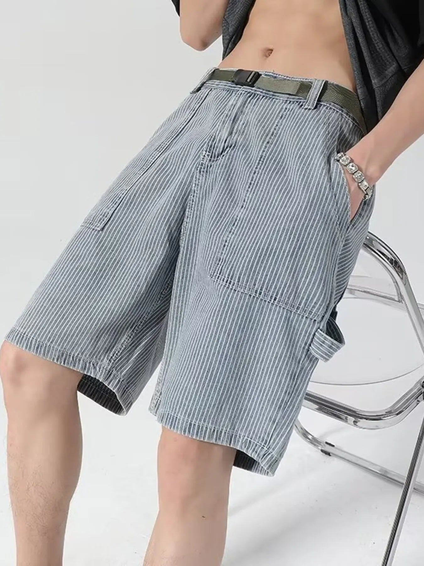 Men's Plus Size Striped Loose Fit Denim Shorts