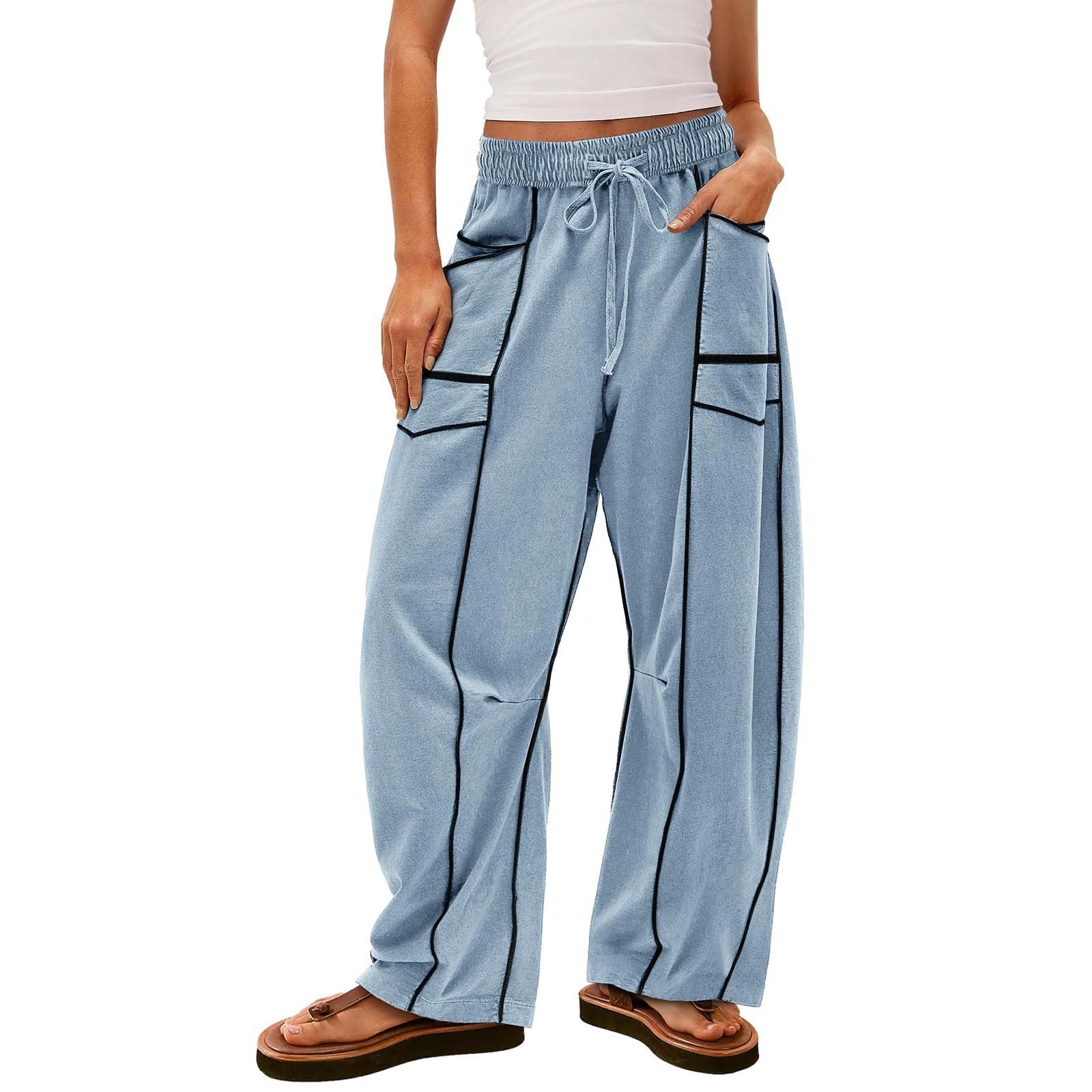 Y2K Black Striped Wide-leg Pants With Pockets Fashion Loose Drawstring Trousers Sports Sweatpants Women&