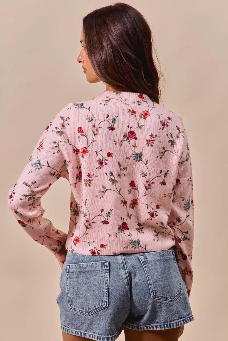 Floral Print Button Front Sweater Cardigan Top