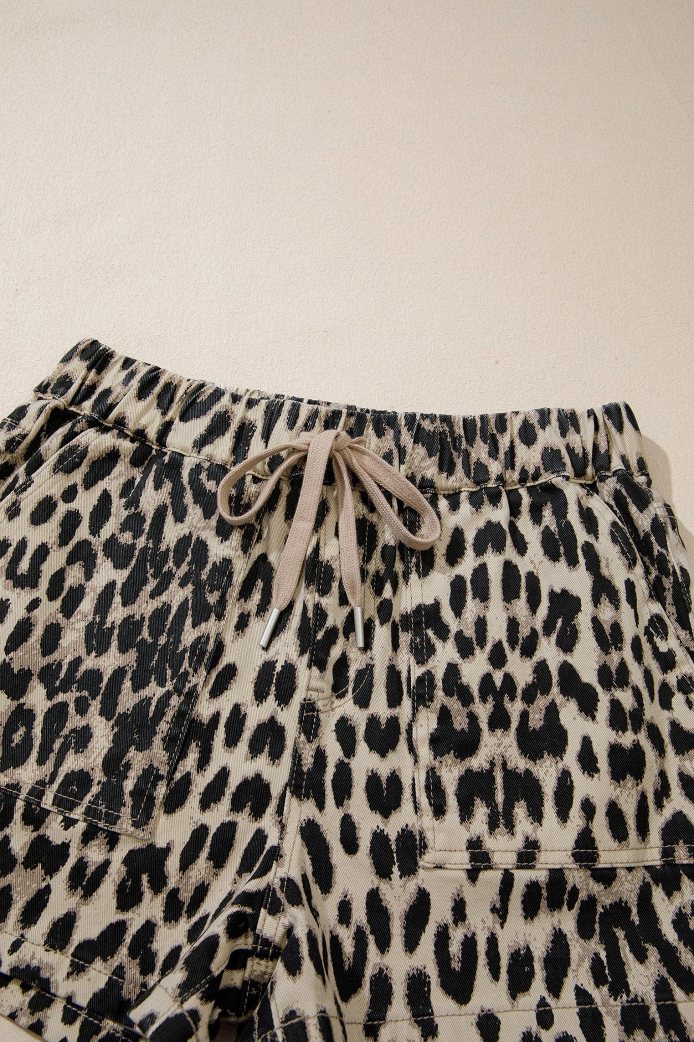 Brown Retro Leopard Print Lace - up Elastic Waistband Mid Rise Denim Shorts - Loving It Shop