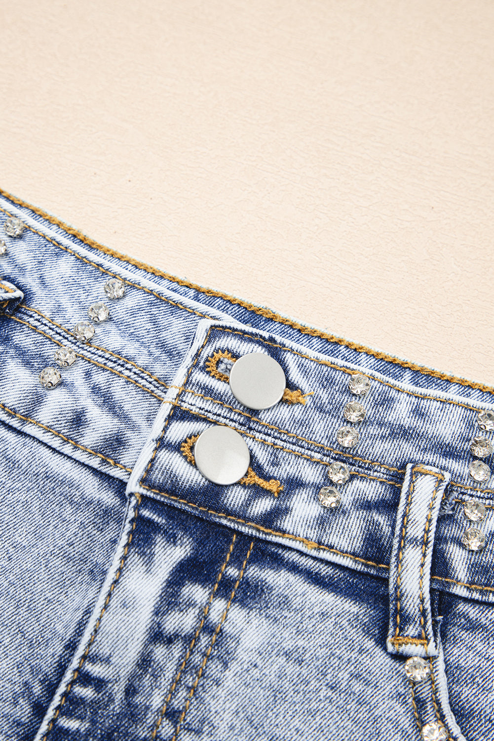 Beau Blue Rhinestone Light Wash Raw Hem High Waist Denim Shorts