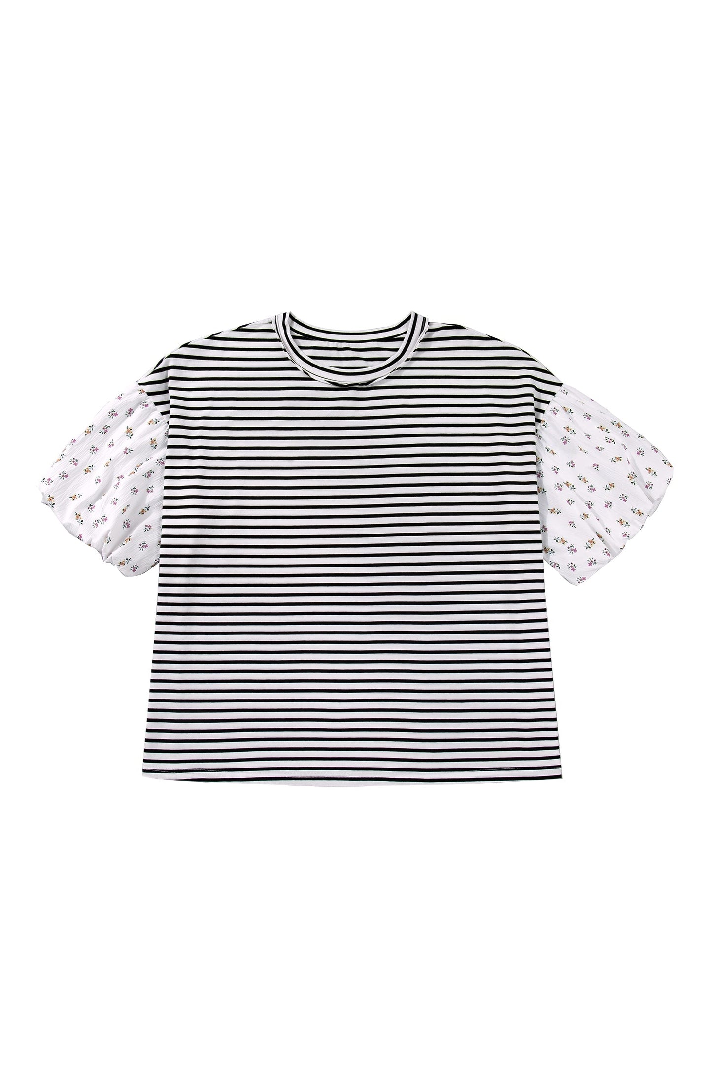 Black Stripe Plus Size Striped Short Sleeve Top with Floral Puff Sleeves