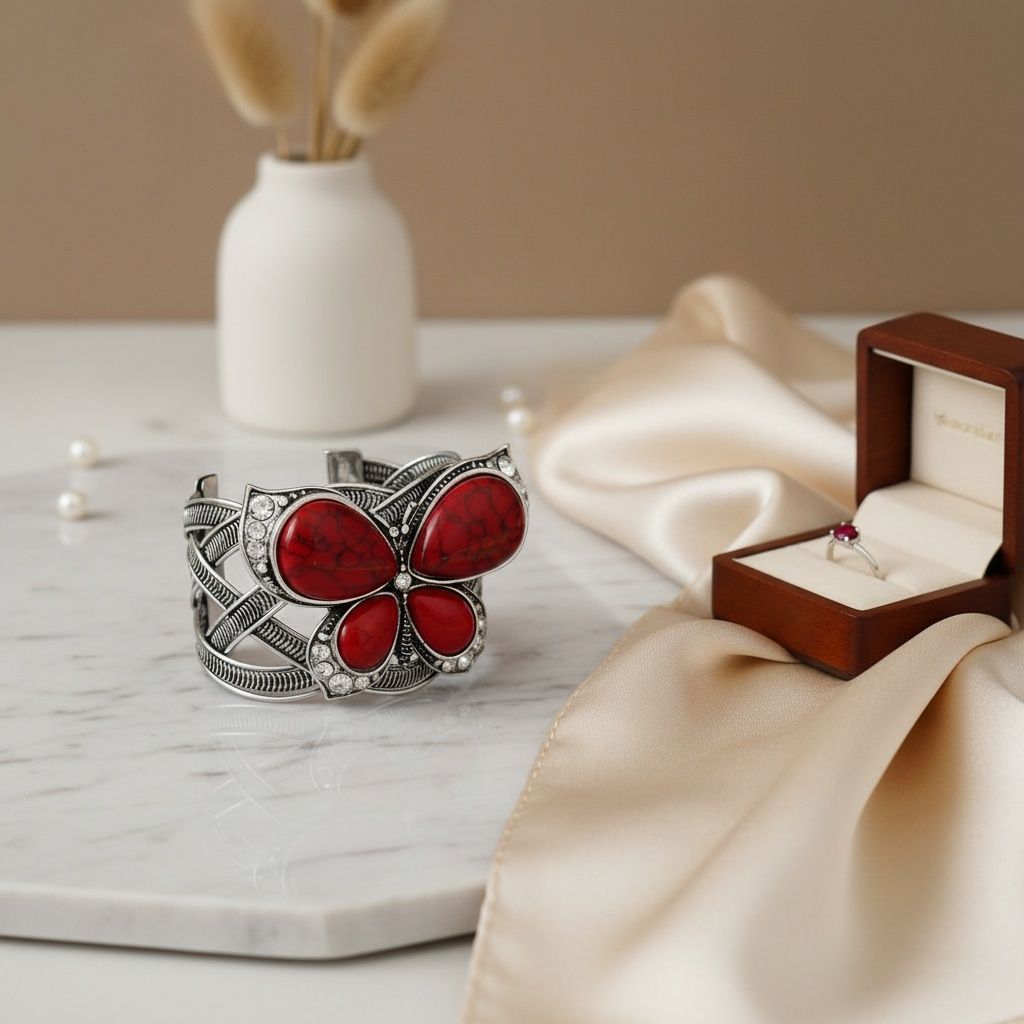 Statement Burnished Silver Cuff Bracelet with Red Butterfly Detail