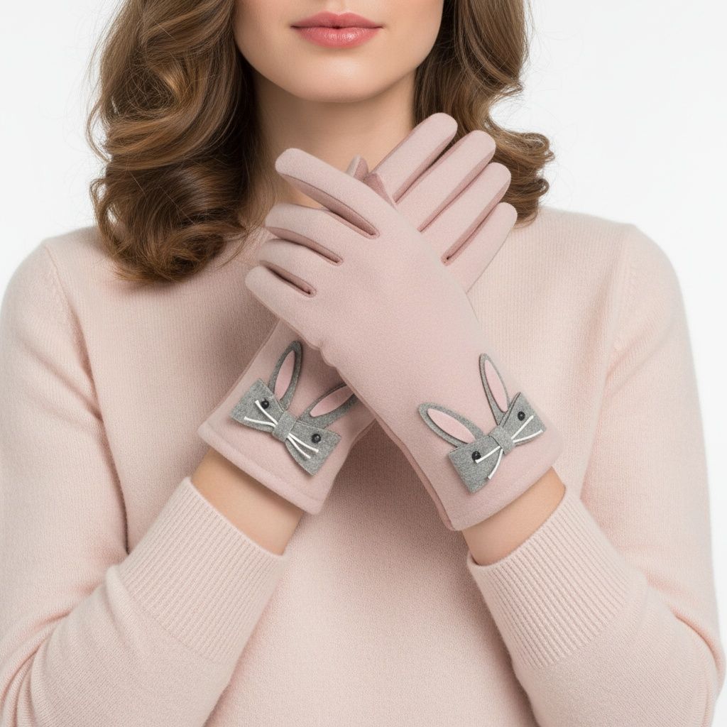 Winter Woolen Touchscreen Gloves Pink Cute Rabbit Design Stylish