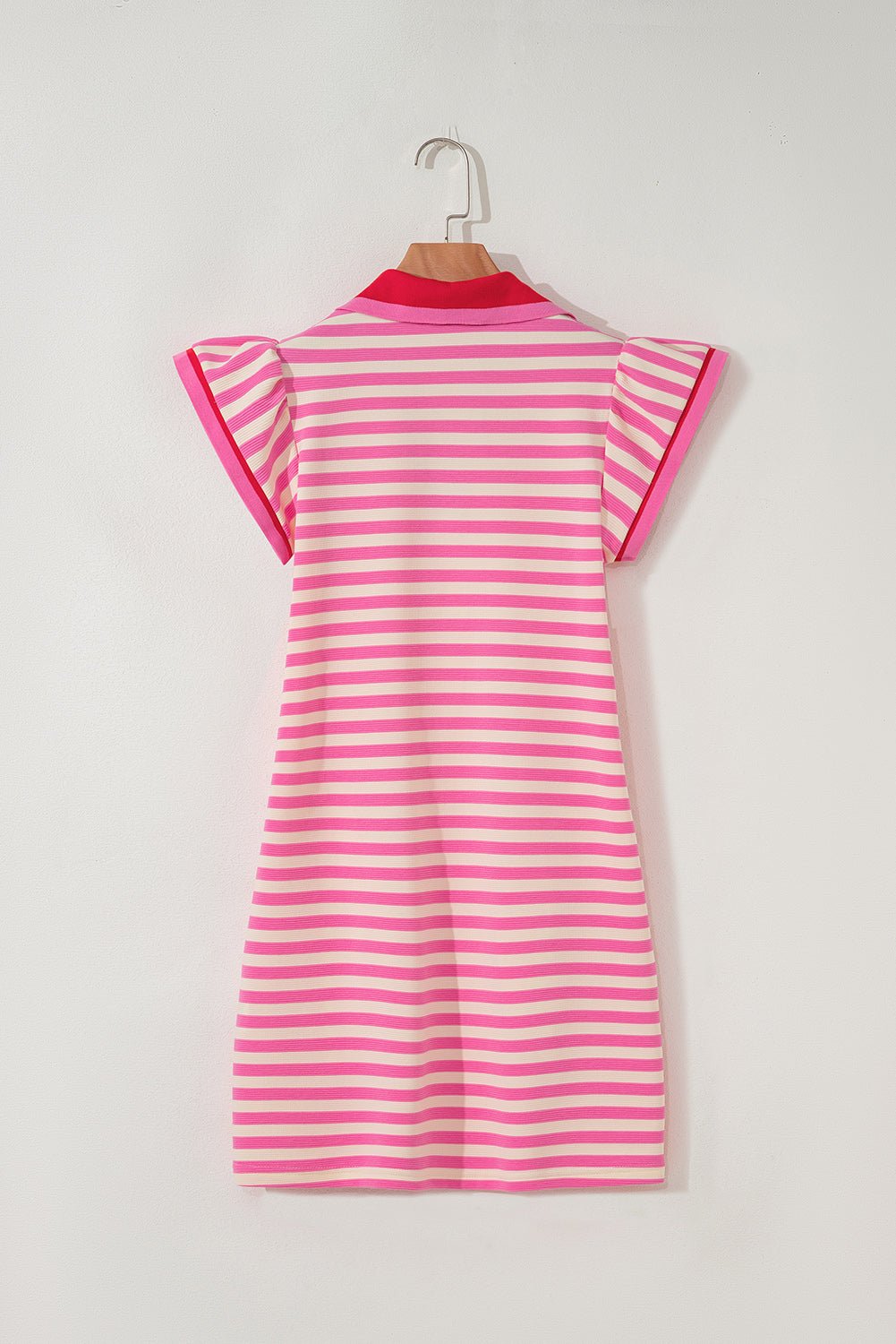 Sachet Pink Stripe Print Contrast Collar Split Neck Flutter Sleeve Short Dress - Loving It Shop