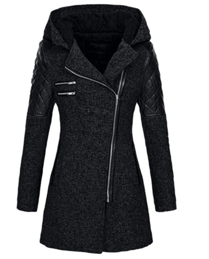 Women Warm Slim Full Zipper Coat Thick Woolen Coat Female Fall Winter Windbreaker Hooded Diagonal Zipper Women&