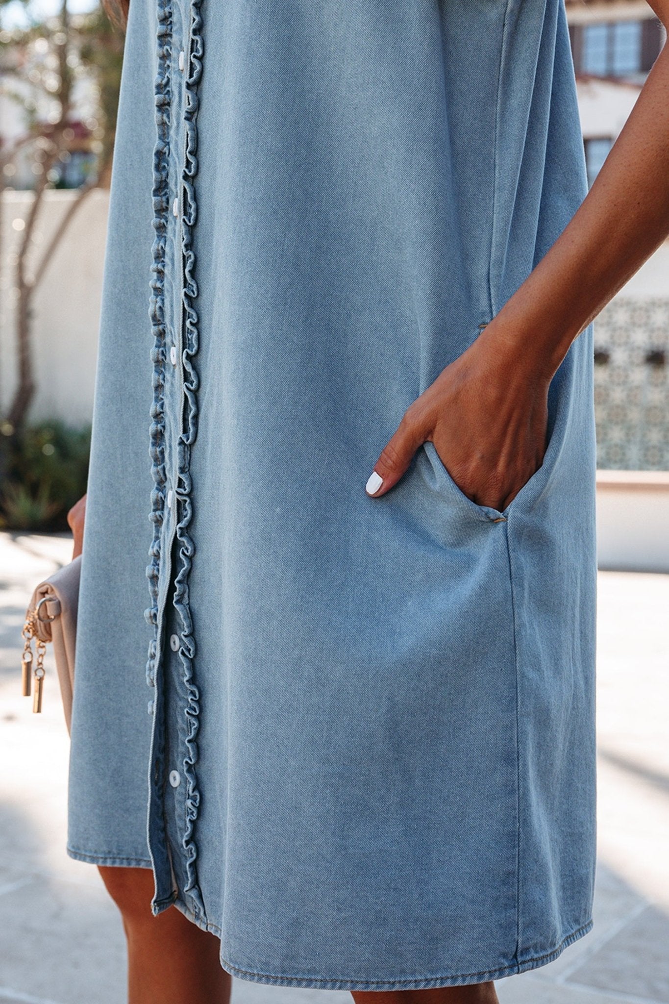 Myosotis Frilled Detail Button Down Ruffle Short Sleeve Denim Mini Dress - Loving It Shop