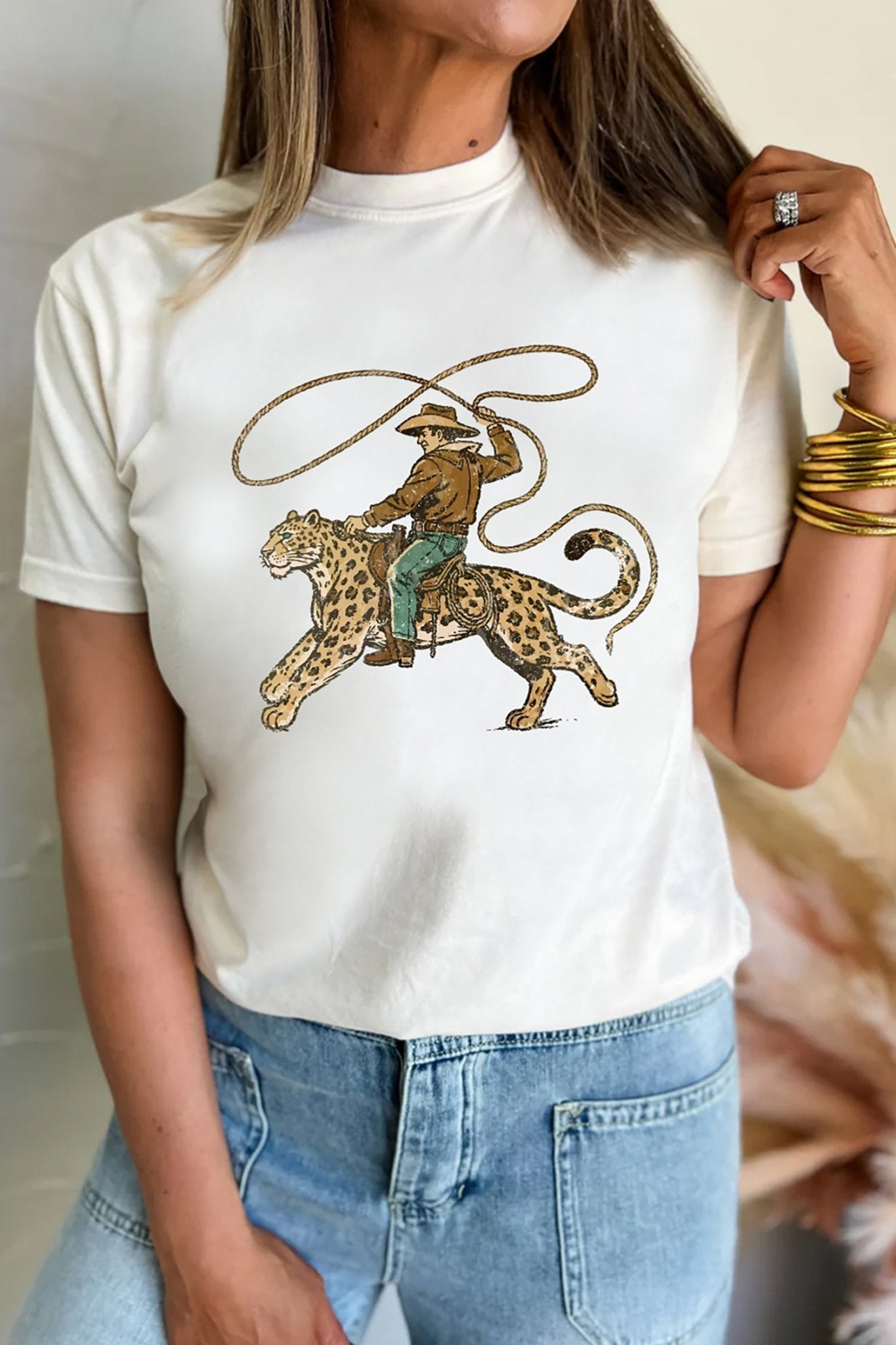 White Leopard Rodeo Cowboy Graphic Casual Tee - Loving It Shop