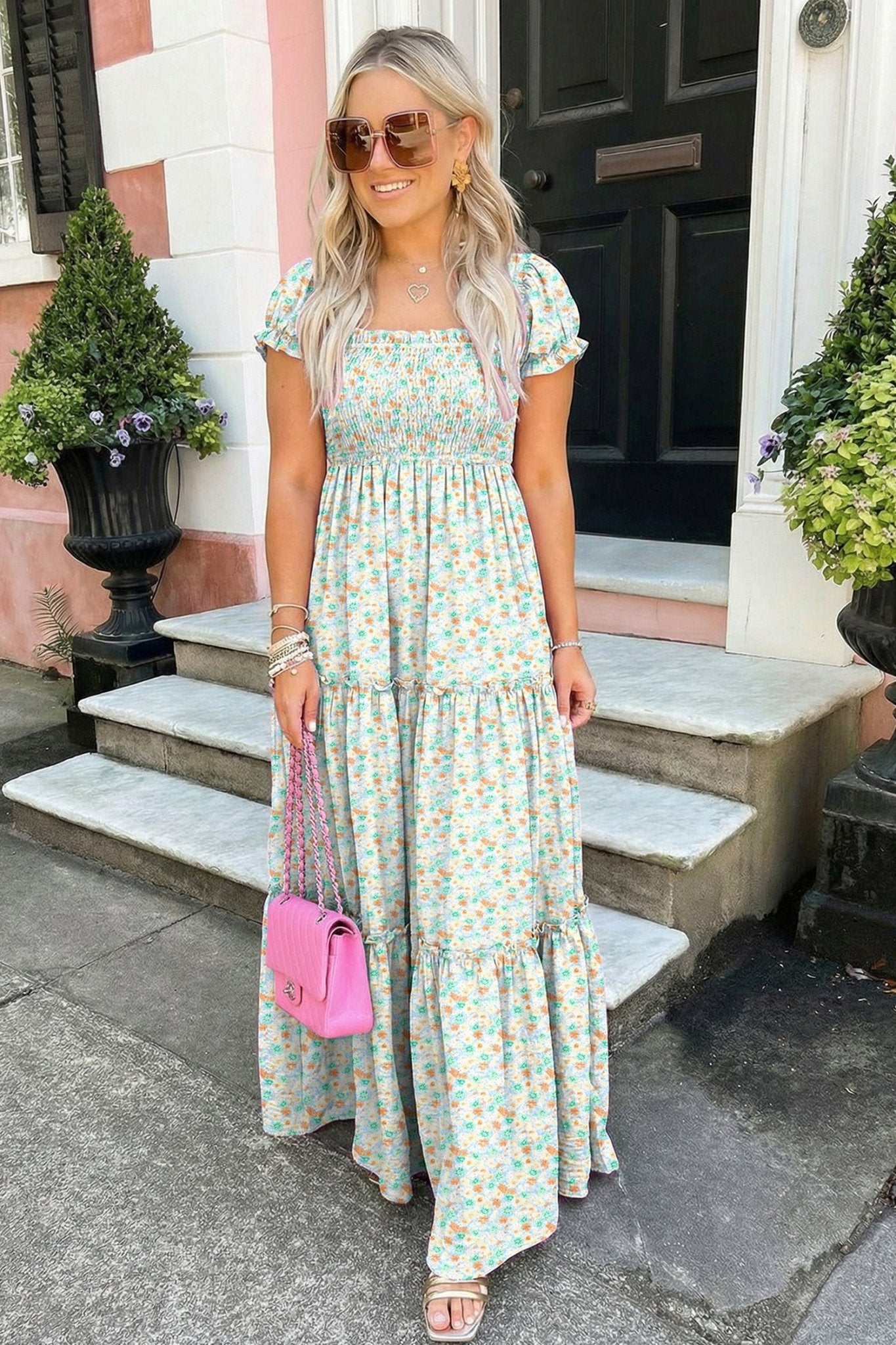 Green Floral Short Bubble Sleeve Shirred High Waist Maxi Dress - Loving It Shop