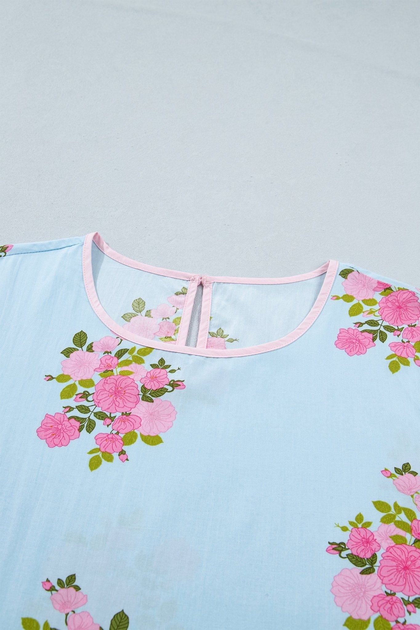 Sky Blue Floral Print Button Cuffed 3/4 Sleeve Round Neck Blouse - Loving It Shop