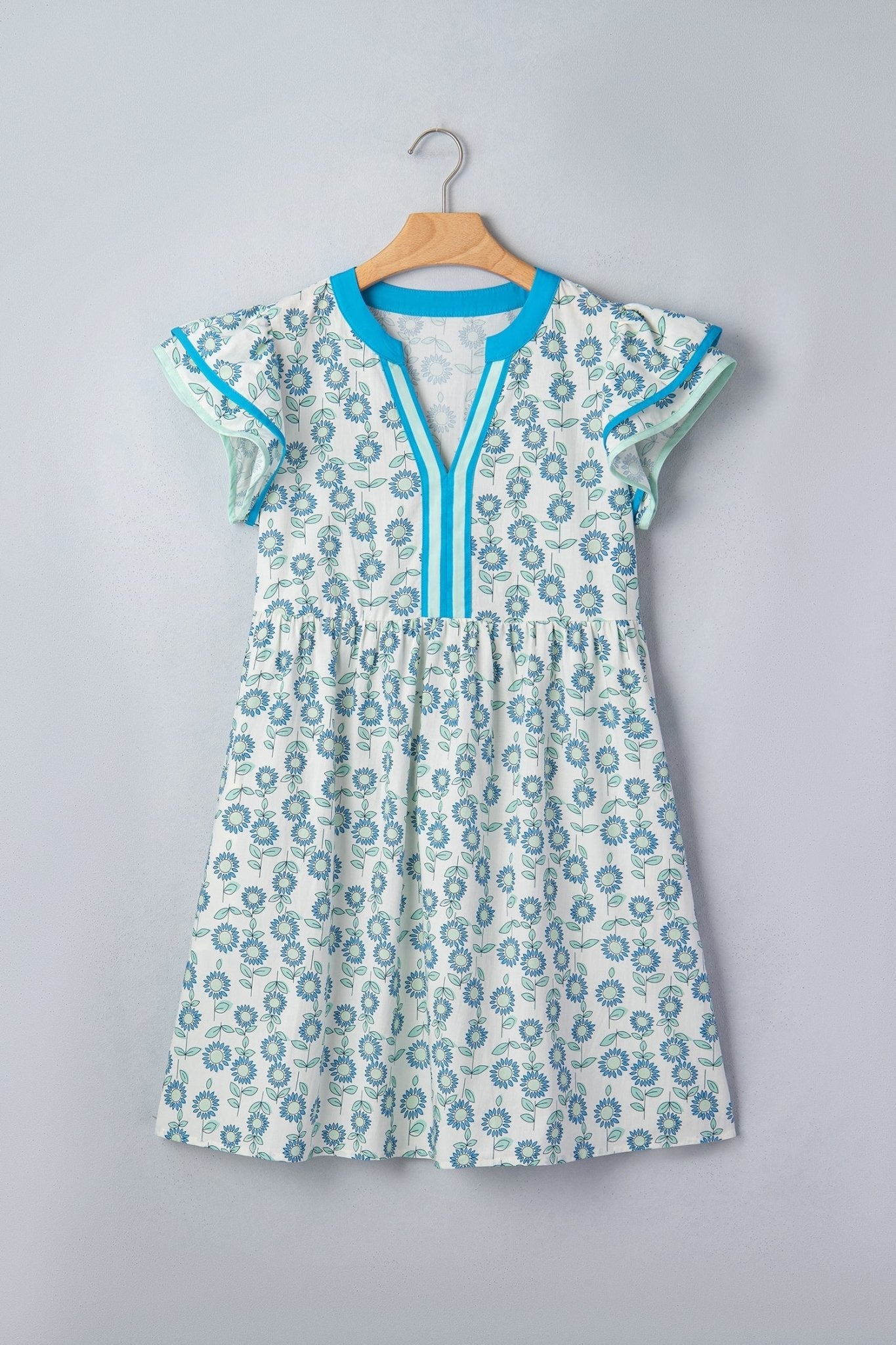 Sky Blue Floral Print Contrast Trim Flutter Sleeve Mini Dress - Loving It Shop