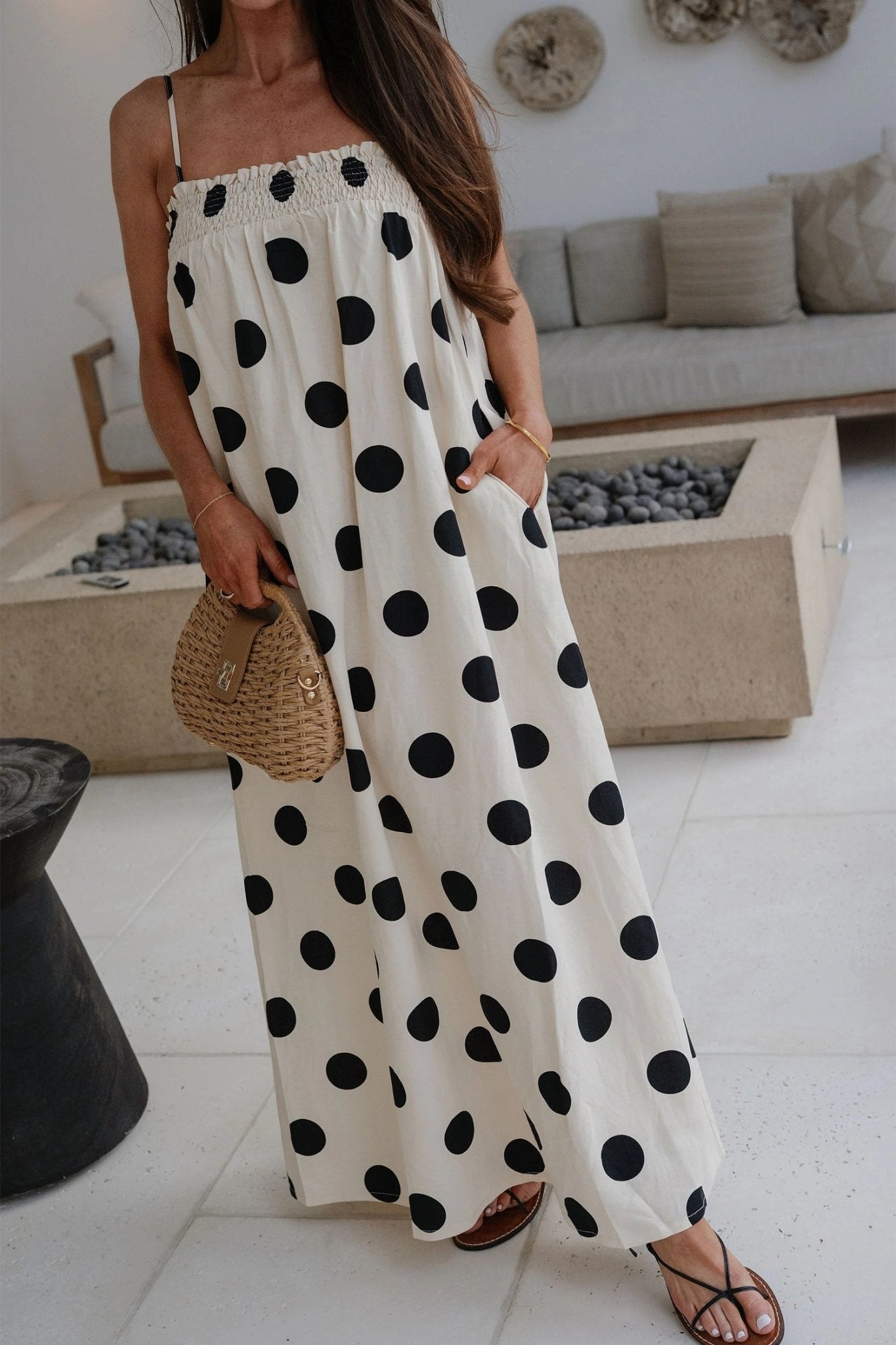 White Polka Dot Spaghetti Straps Maxi Dress - Loving It Shop