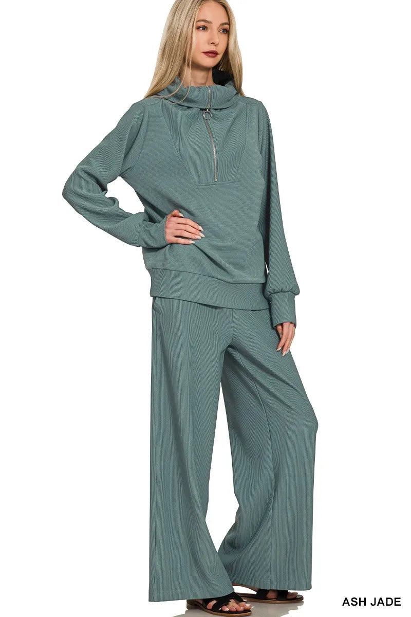 Ribbed High Neck Half Zip Pullover & Pants Set