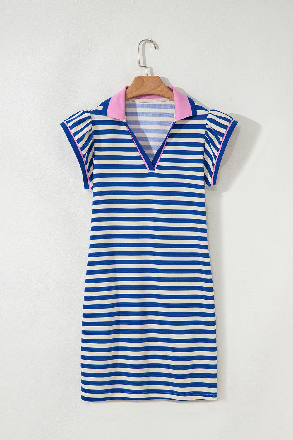 Dark Blue Stripe Print Contrast Collar Split Neck Flutter Sleeve Short Dress - Loving It Shop