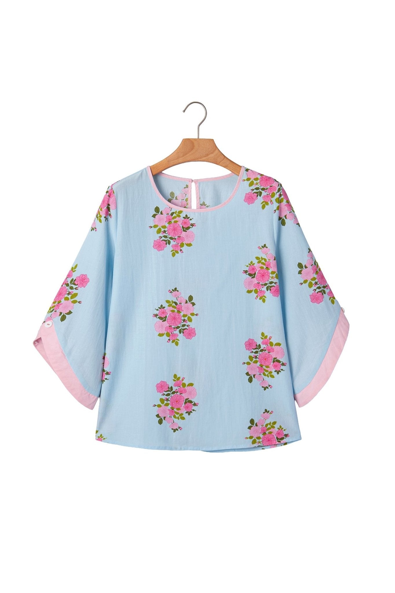 Sky Blue Floral Print Button Cuffed 3/4 Sleeve Round Neck Blouse - Loving It Shop