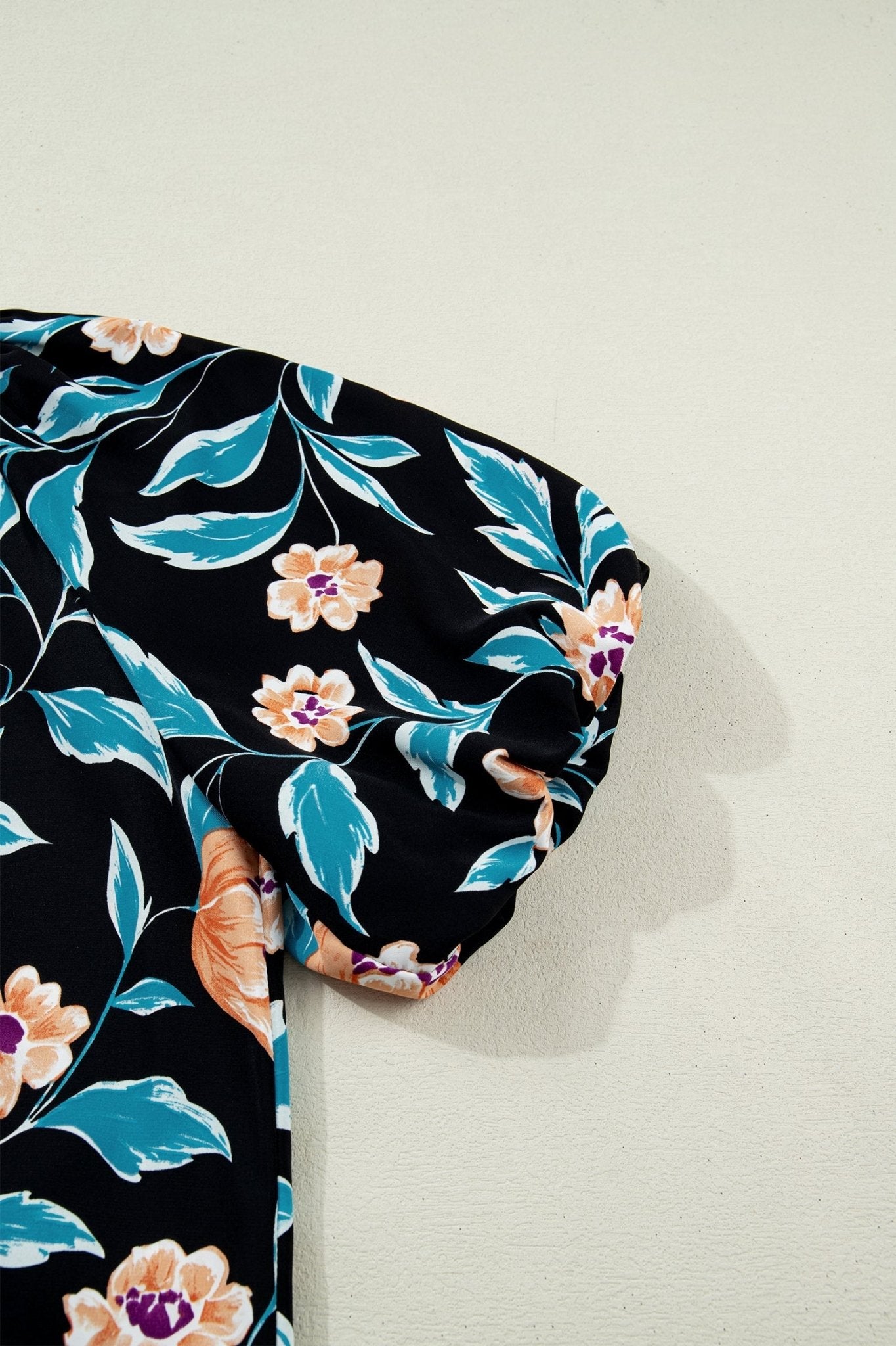 Black Floral Short Bubble Sleeve Buttoned Notched Neck Blouse - Loving It Shop